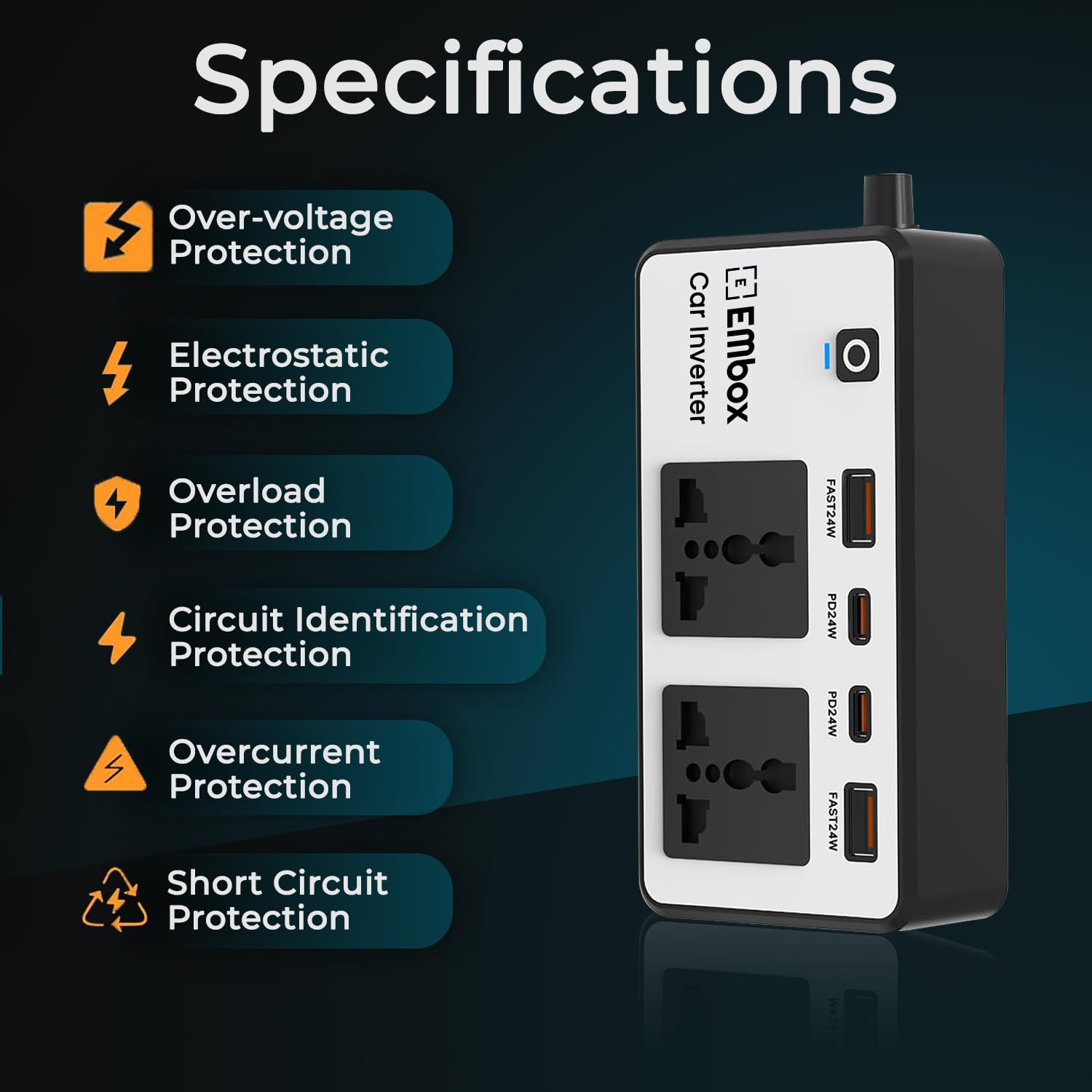 mbox 200W Car Power Inverter Laptop Charger with 2 USB (6.2A Max) & 2 C-Type (1 * 27WPD) Smart USB Ports, 2 AC Universal Outlets and 12V DC to 220V AC with QC3.0, White