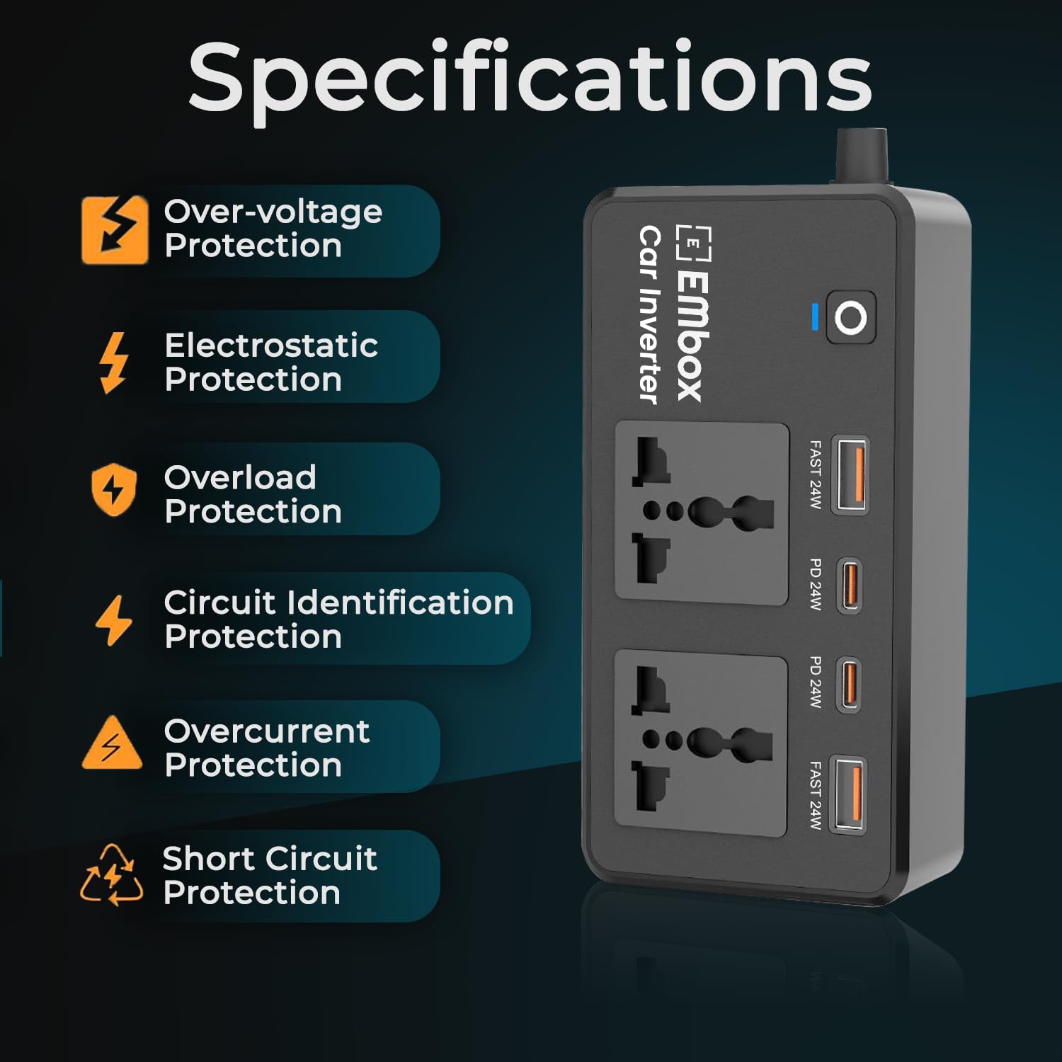 Embox 200W Car Power Inverter Laptop Charger with 2 USB (6.2A Max) & 2 C-Type (1 * 27WPD) Smart USB Ports, 2 AC Universal Outlets and 12V DC to 220V AC with QC3.0, Black