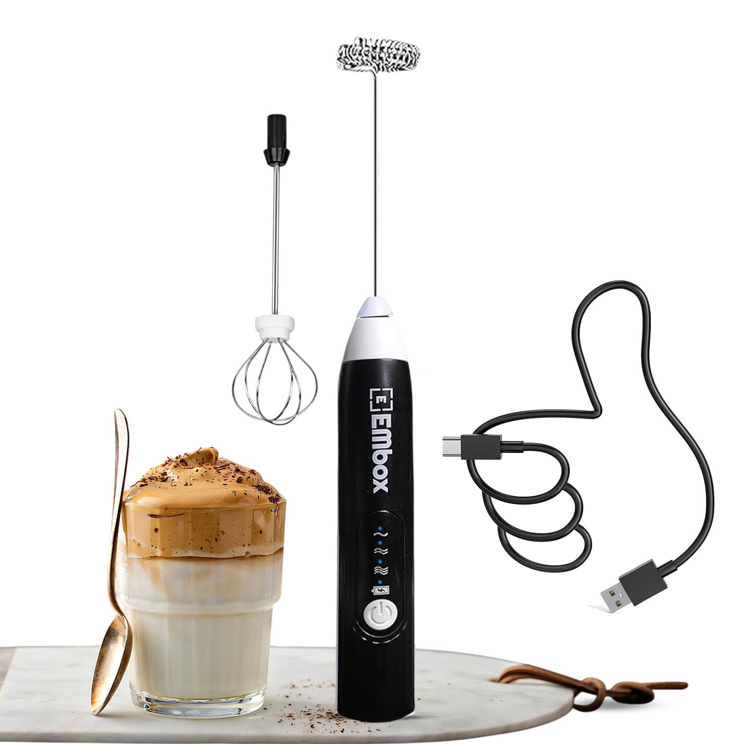 EMBOX Coffee Frother Electric | Coffee Maker | Double Spring Kit with Type-C Rechargeable Cord | Milk frother for Cappuccino Cream and Egg Whisker | Electric Blender Mixer (2 Whisk, White)