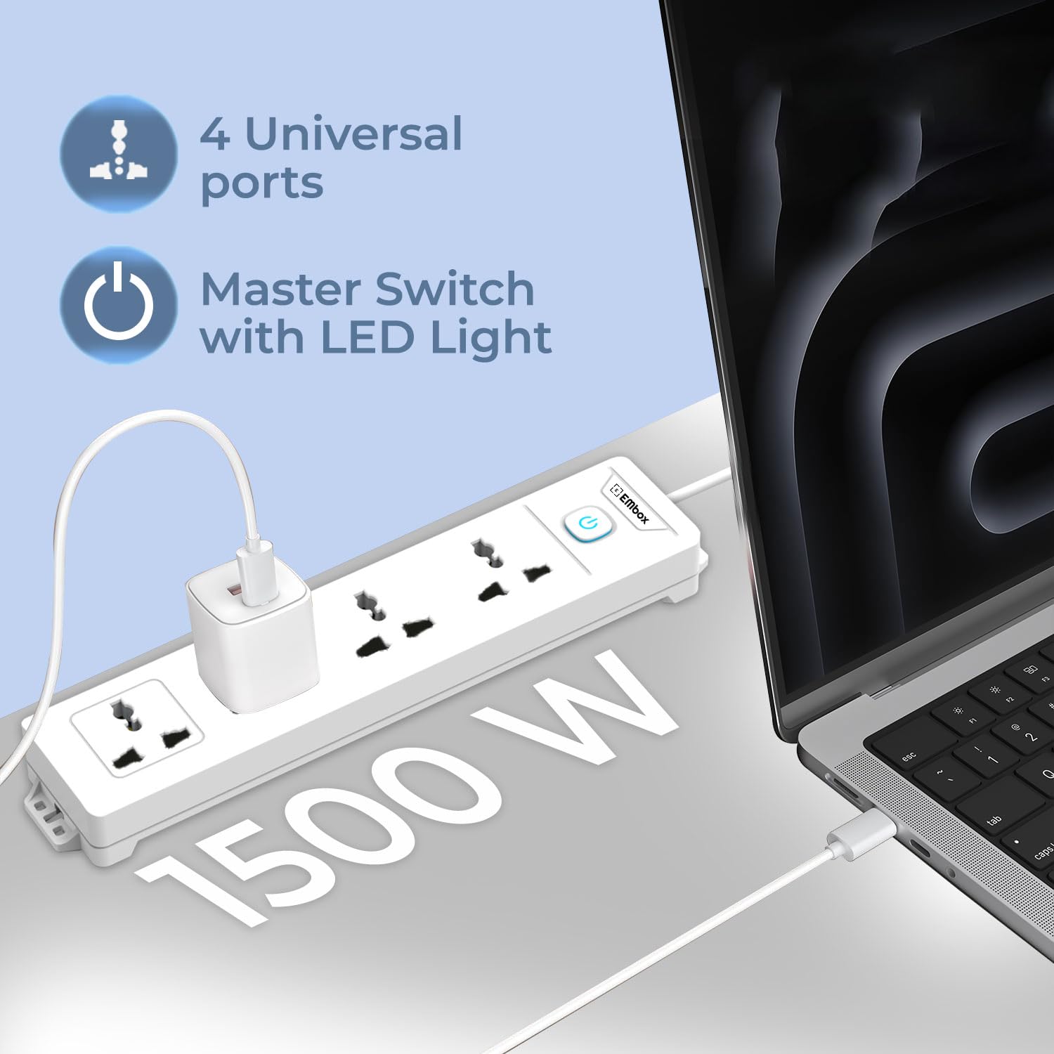 Extension Board 5 Meter Cable with Switches | 1500 W Extension Cord 4 Universal Sockets