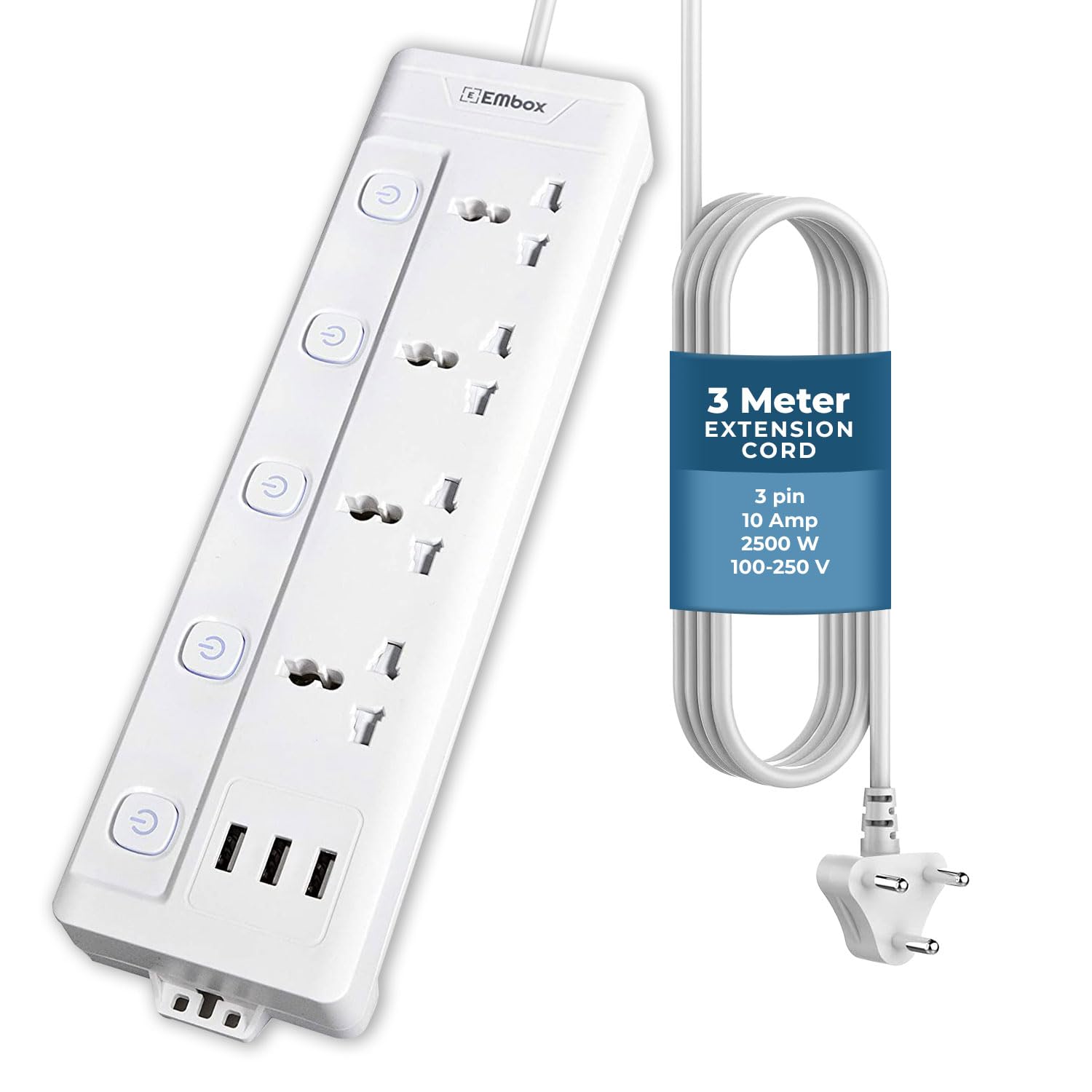 10A Extension Board with USB Port- 4 Universal Sockets and 3 USB (2.4 A) Charging Ports with Indicator, 2500W Heavy Duty Cable, 250 Volts (2 Meter Cable)