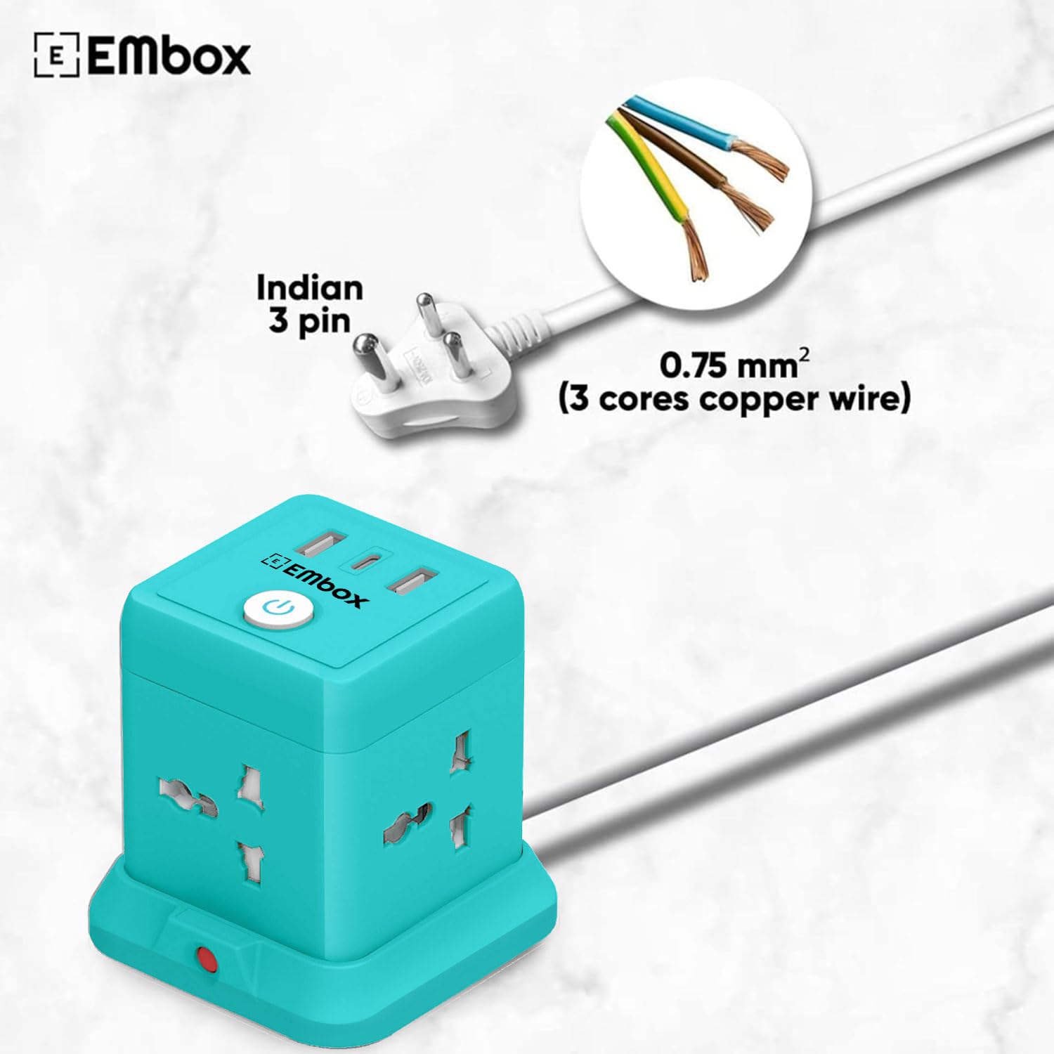 Cube Extension Board Type C USB | (2.4 A) (QC 3.0) Universal Sockets 2500W Extension Board with Switches Safety Shutter & Overload Protector
