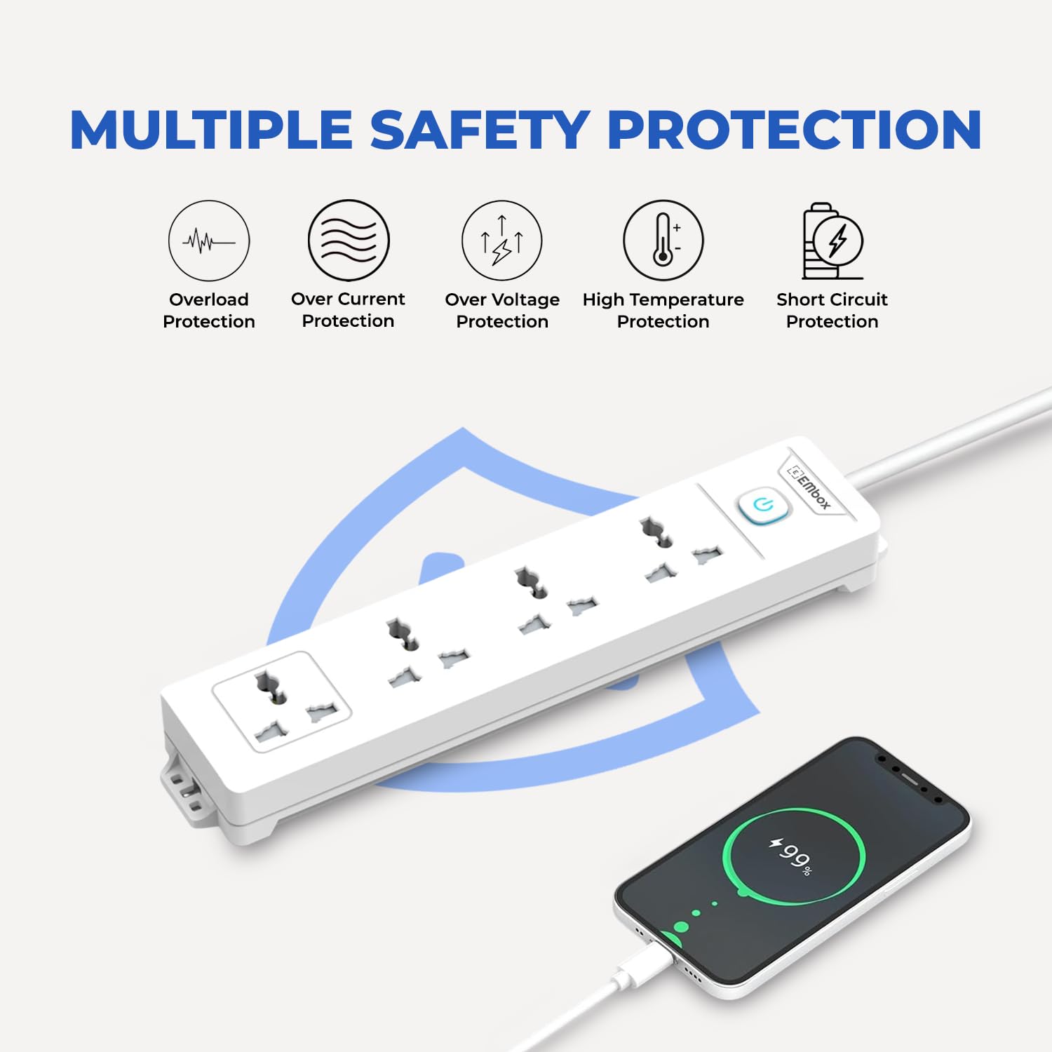 Extension Board with Switches 1500 W, 4 Universal Sockets, Master Switch,6 amp Spike Guard, LED Indicator and Safety Shutter, 2 Meter Extension Cord