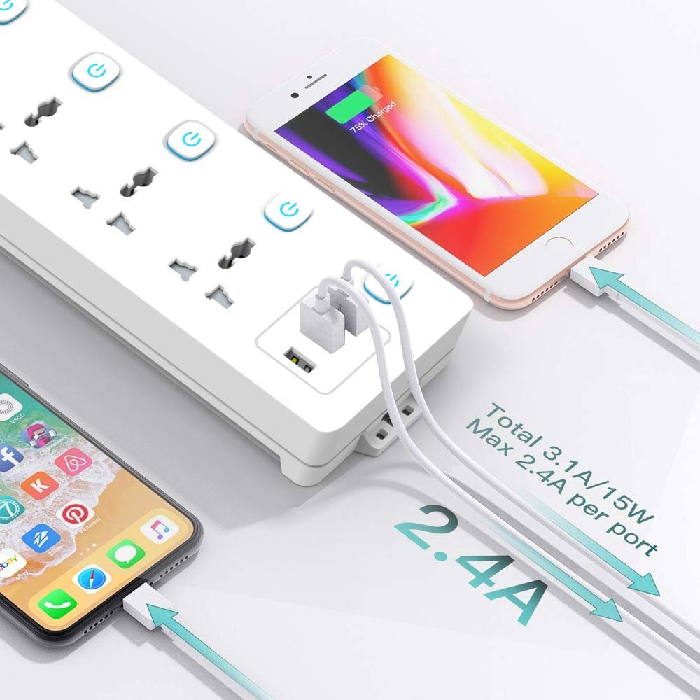 EMBOX 10A Extension Board with USB Port- 4 Universal Sockets and 3 USB (2.4 A) Charging Ports with Indicator, 2500W Heavy Duty Cable, 250 Volts (2 Meter Cable)