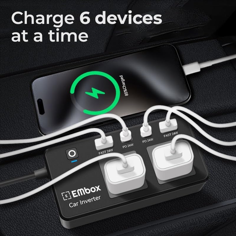 Embox 200W Car Power Inverter Laptop Charger with 2 USB (6.2A Max) & 2 C-Type (1 * 27WPD) Smart USB Ports, 2 AC Universal Outlets and 12V DC to 220V AC with QC3.0, Black