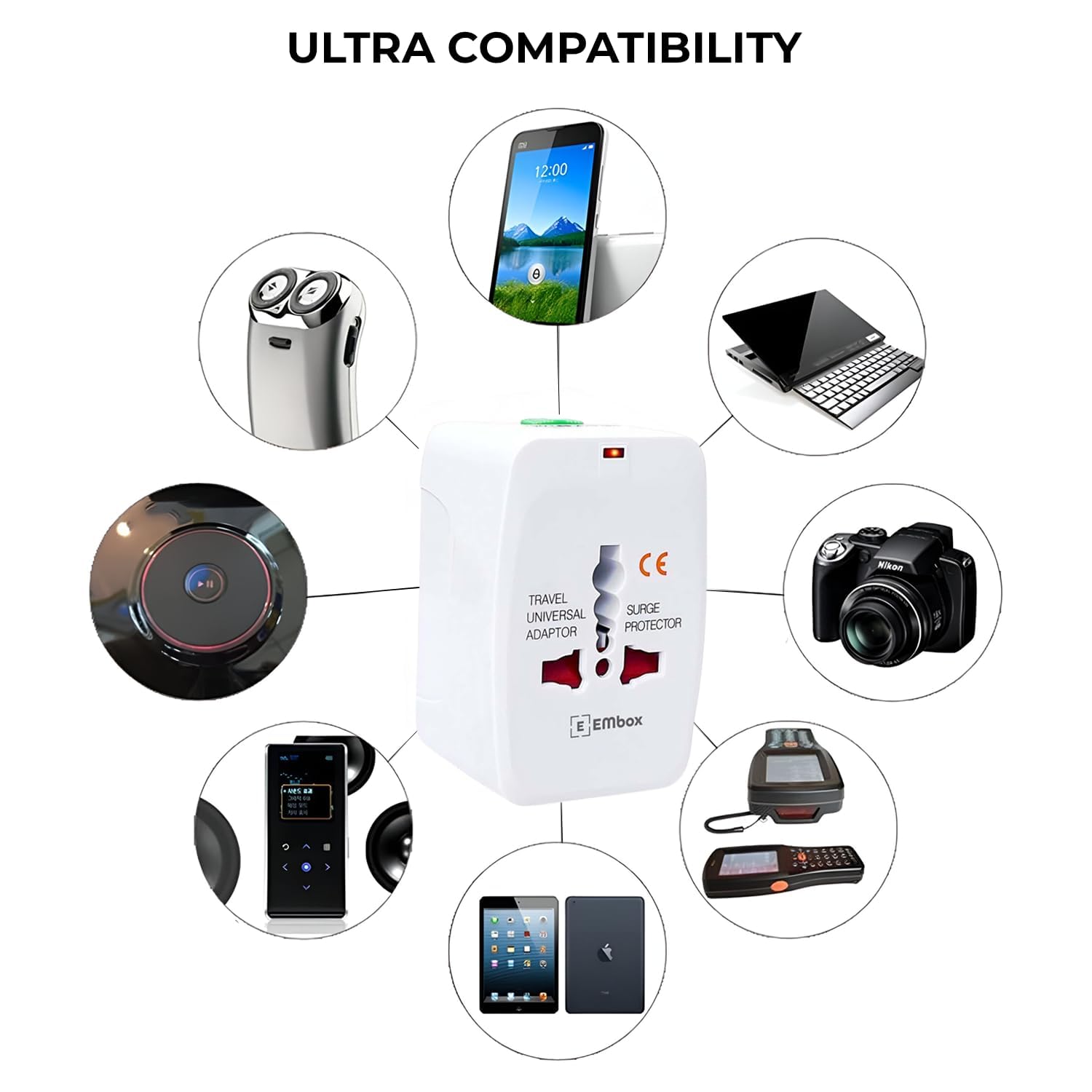 Embox Universal Charger Adapter 224+ Countries Support Travel Adapter International All in One Worldwide International Travel Adapter (White)