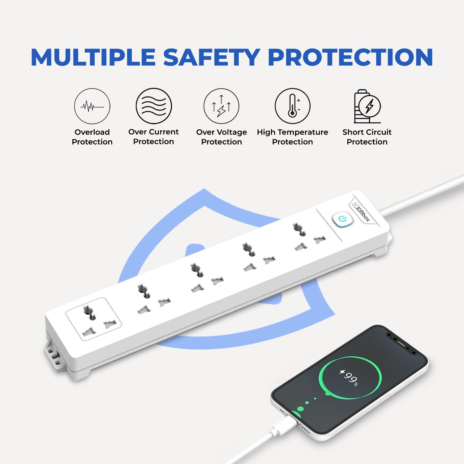 Extension Board with Switches 1500 W, 5 Universal Sockets, Master Switch,6 amp Spike Guard, LED Indicator and Safety Shutter, 2 Meter Extension Cord