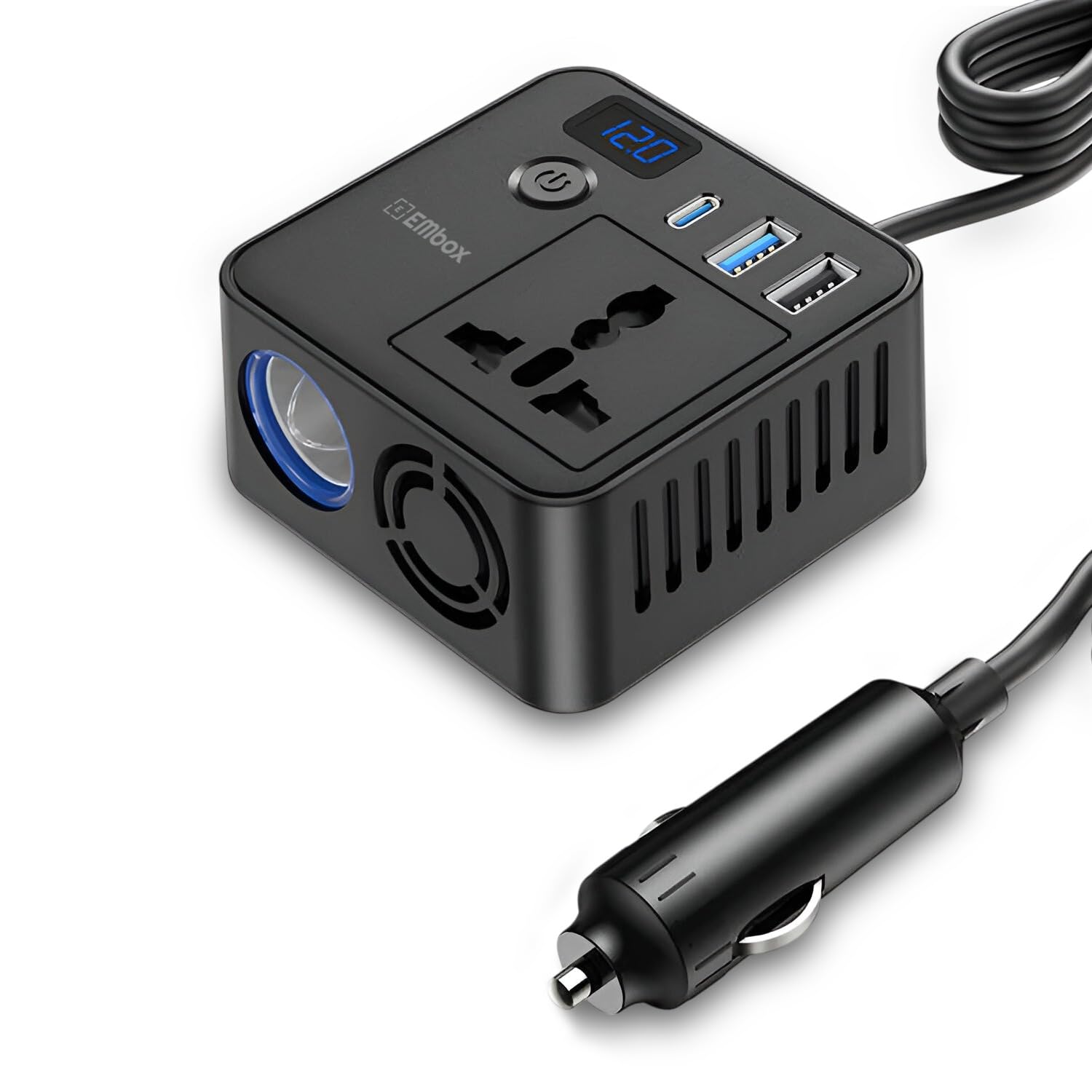 Embox 200W Car Power Inverter AC Universal Outlet Car Laptop Charger with 2 USB (6.2A) & 1 C Type(27W PD) Smart USB Ports 12V DC to 220V AC Mini Inverter with Digital Display Cooling Fan On/Off Button