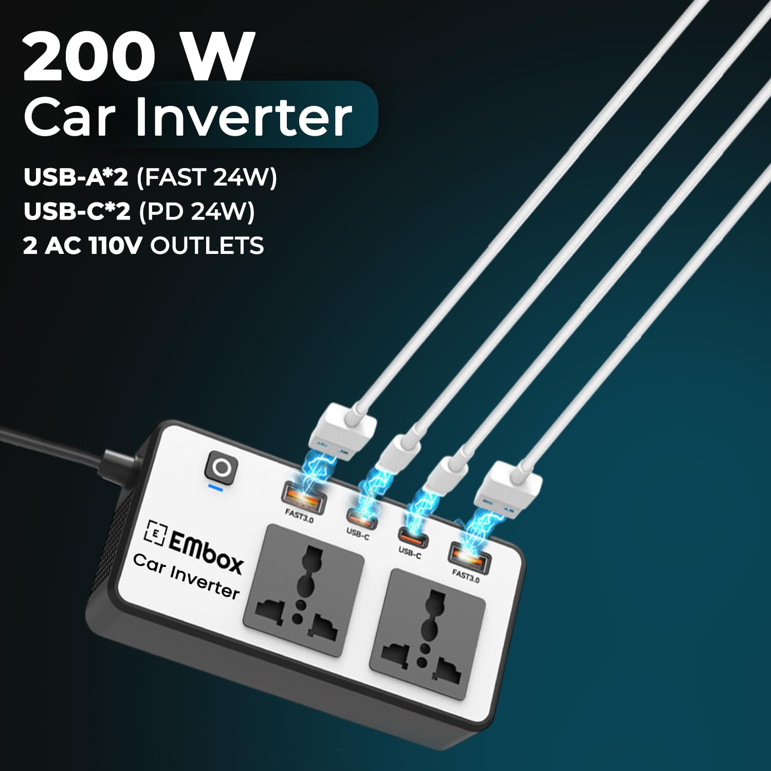 mbox 200W Car Power Inverter Laptop Charger with 2 USB (6.2A Max) & 2 C-Type (1 * 27WPD) Smart USB Ports, 2 AC Universal Outlets and 12V DC to 220V AC with QC3.0, White