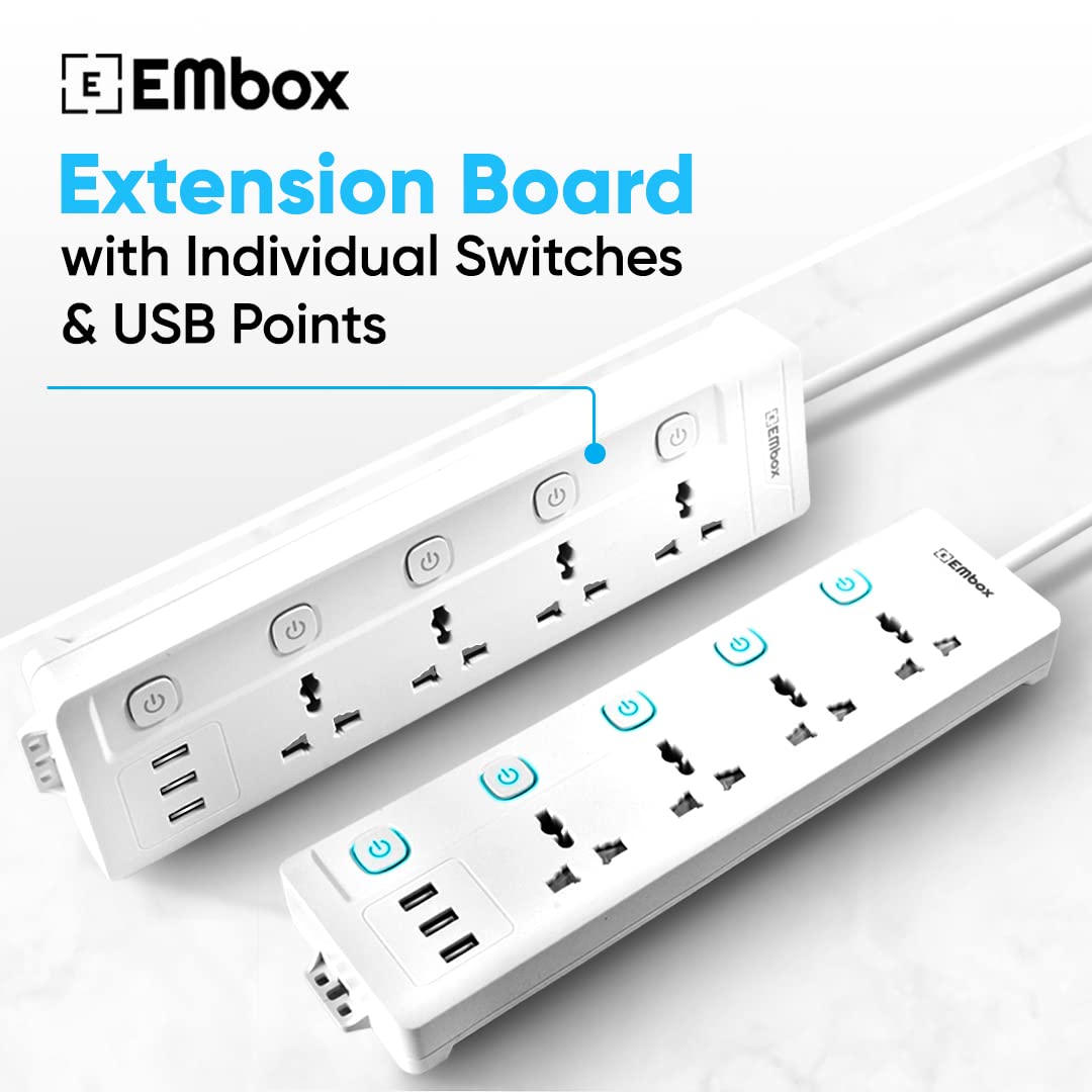 EMBOX 10A Extension Board with USB Port- 4 Universal Sockets and 3 USB (2.4 A) Charging Ports with Indicator, 2500W Heavy Duty Cable, 250 Volts (2 Meter Cable)