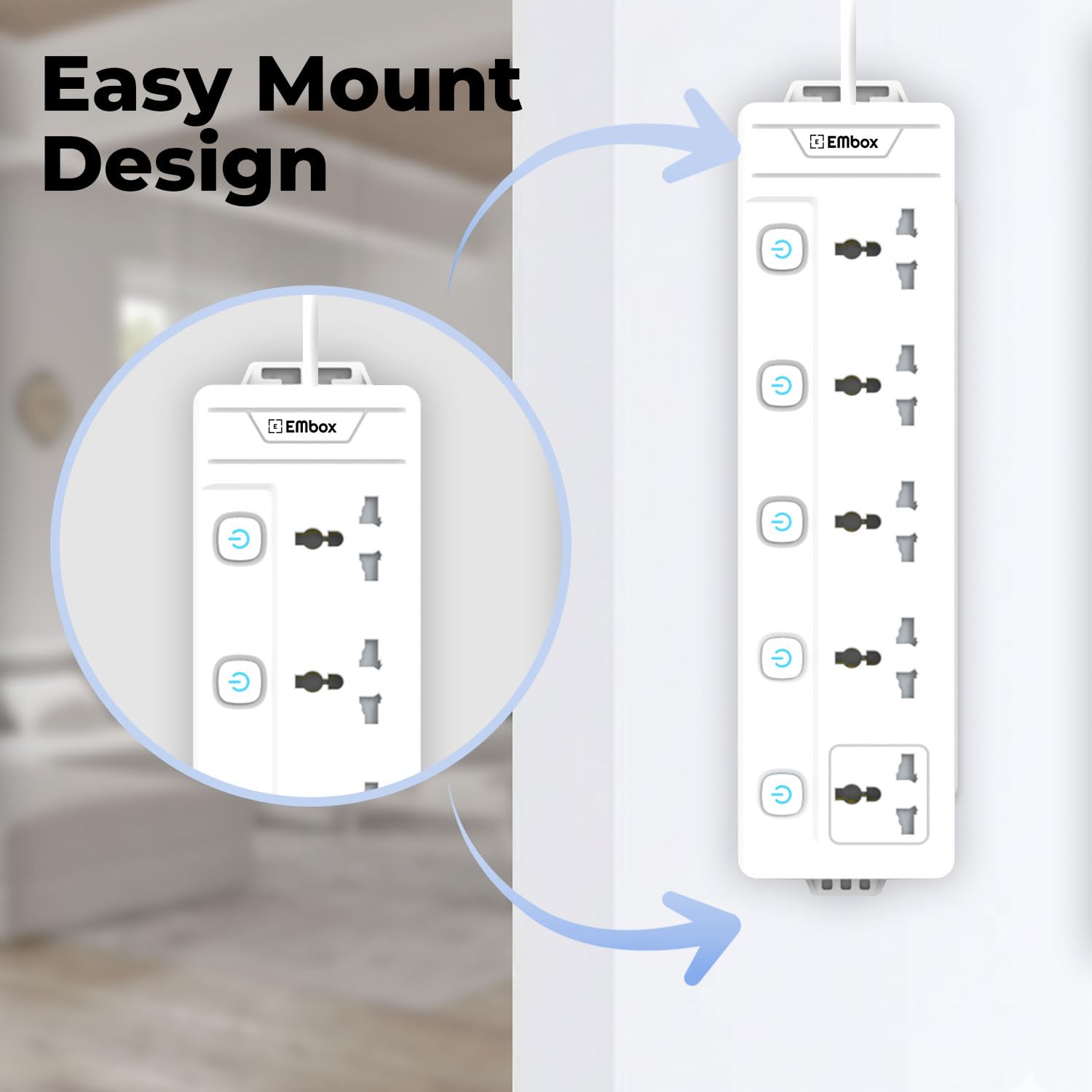 Extension Board with Switches 2500 W, 5 Universal Sockets, Individual Switch, Safety Shutter, 6 amp Spike Guard, LED Indicator and Safety Shutter
