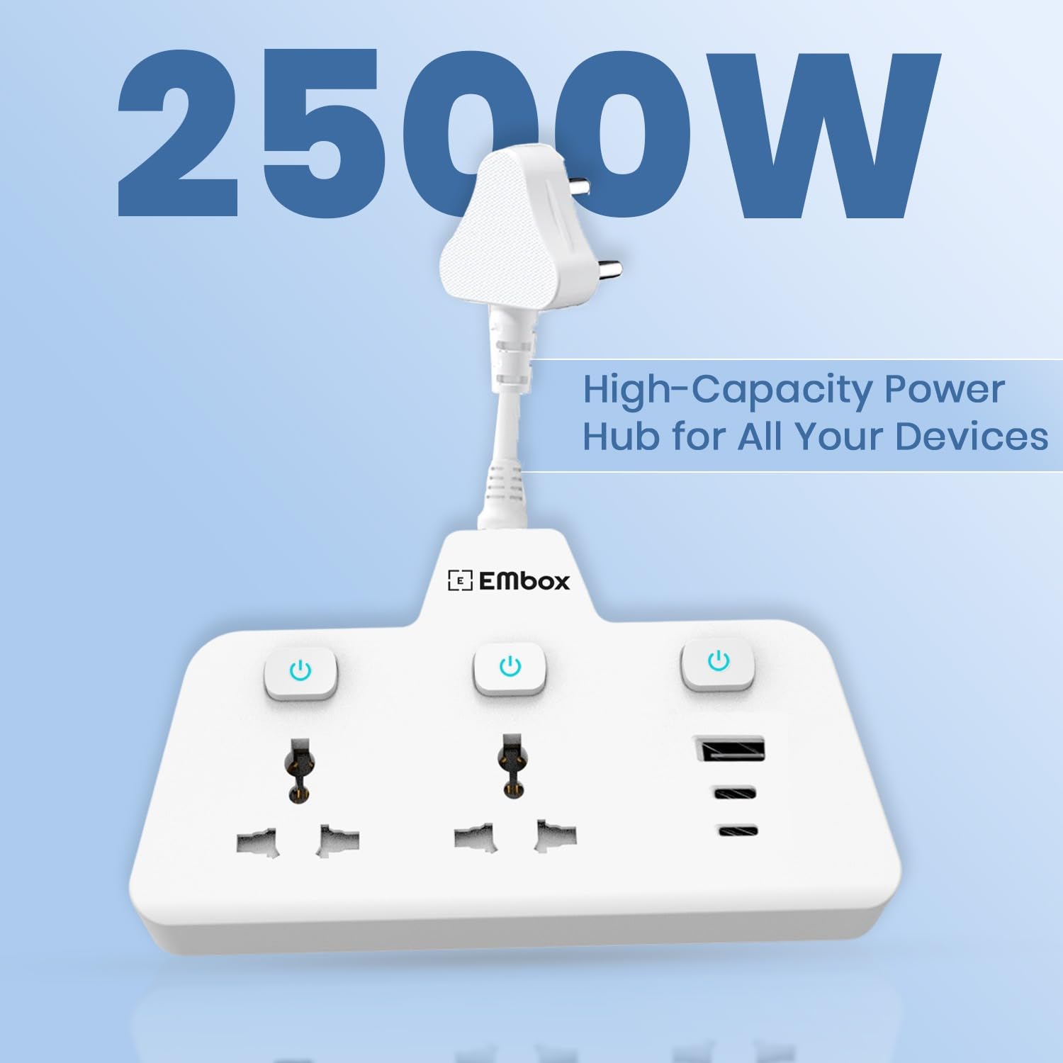 EMBOX Multi Plug Socket 2500W | Extension Board with Switches | QC 3.0