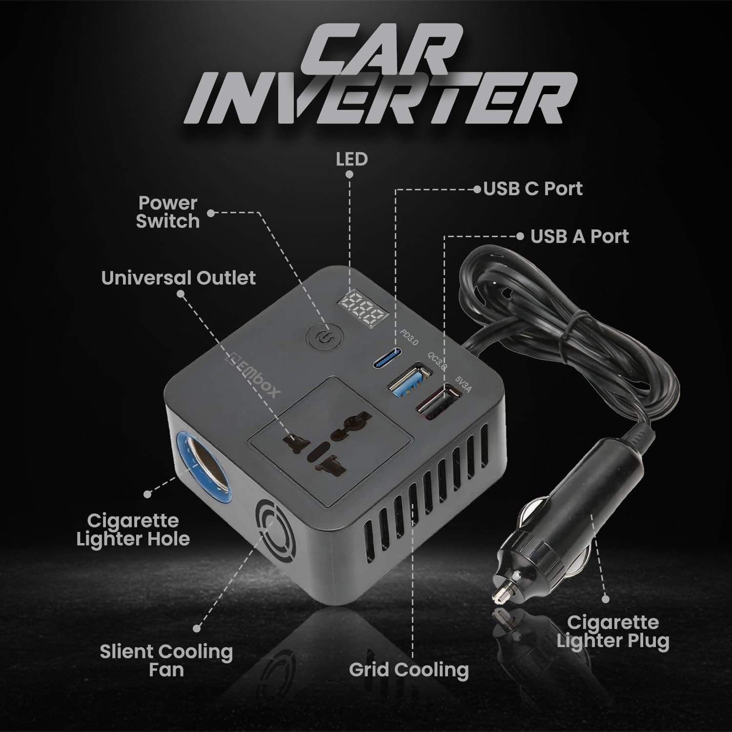 Embox 200W Car Power Inverter AC Universal Outlet Car Laptop Charger with 2 USB (6.2A) & 1 C Type(27W PD) Smart USB Ports 12V DC to 220V AC Mini Inverter with Digital Display Cooling Fan On/Off Button