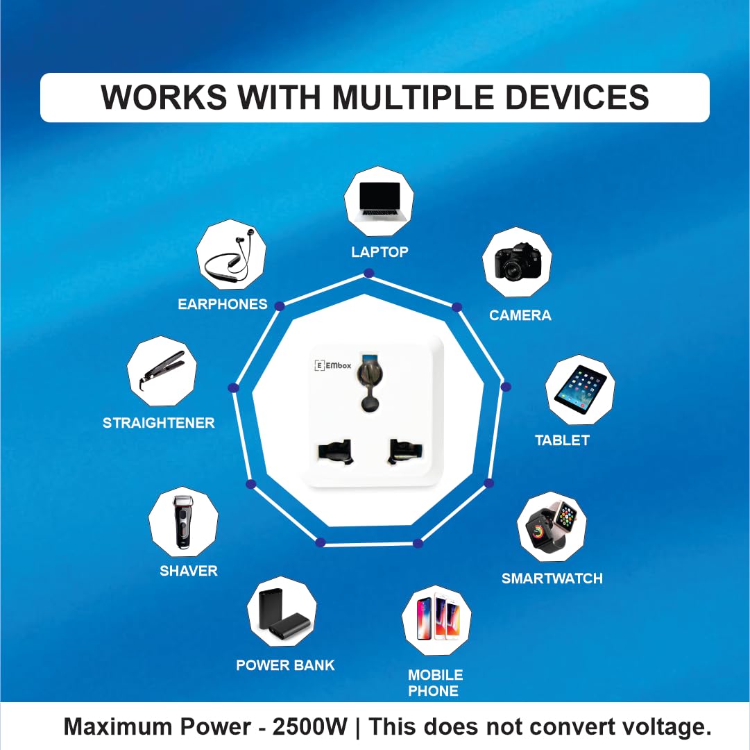 Embox 2 Pin Multi Plug Socket Type D Universal Adapter Compatible with US, UK, China Compact Plug Extension Socket and Converter for Computer Laptop Phone Camera, 6A Pack of 4