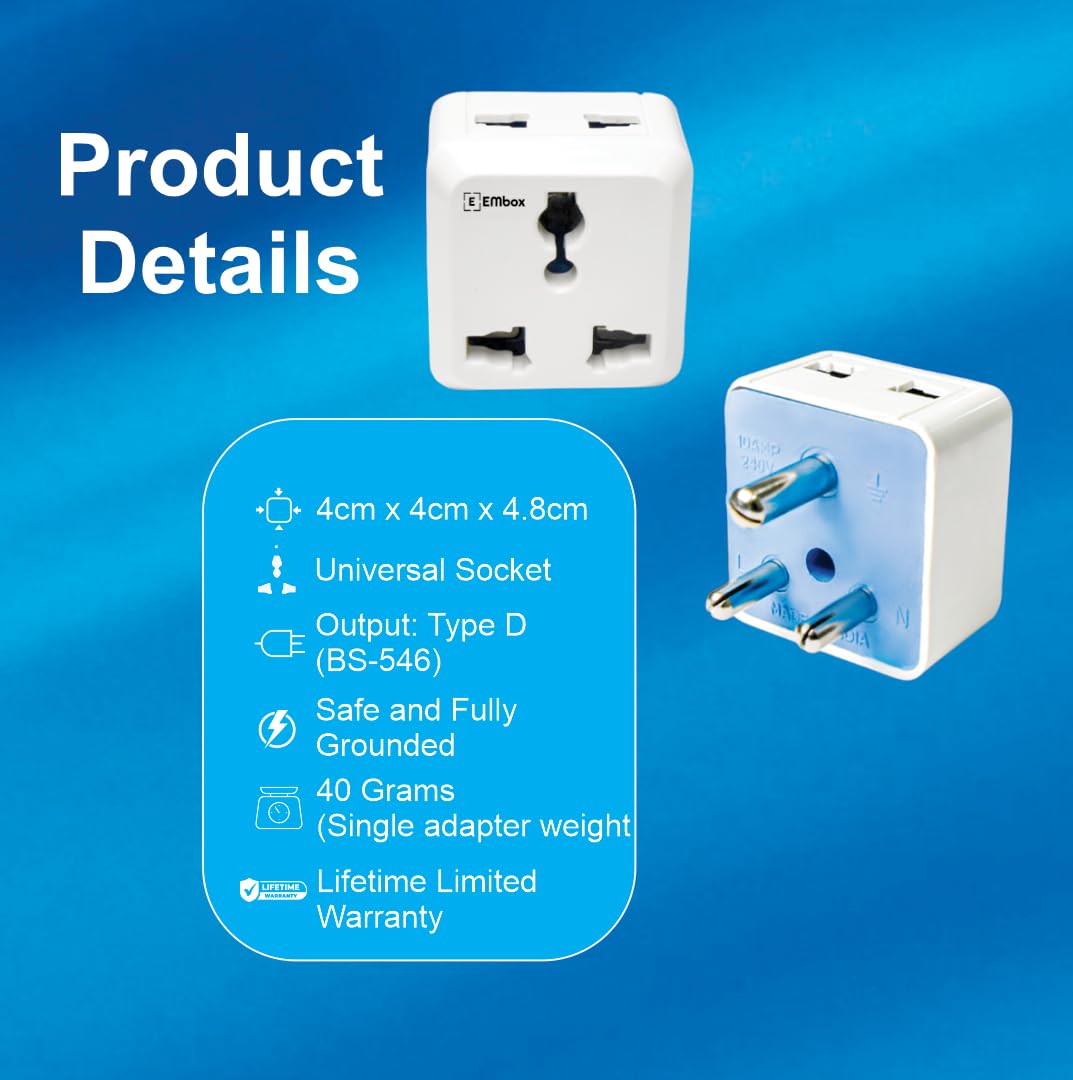 2-Pin Multi Plug Socket | Universal Adapter Type-D, 6A (Pack of 6)