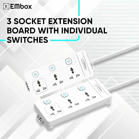 Extension Board with Switches 2500 W, 3 Universal Sockets, Individual Switch, Safety Shutter, 6 amp Spike Guard, LED Indicator and Safety Shutter