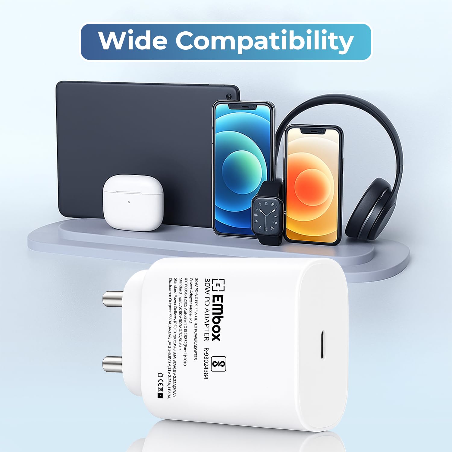 30W C-Type Fast Charger Adapter for Google Pixel, Xiaomi, Motorola, iPhone, Samsung Galaxy Tab S/A Series, Galaxy S10/M54/M55/A80/A90/S25/S24 QC 3.0 Charging Adapter