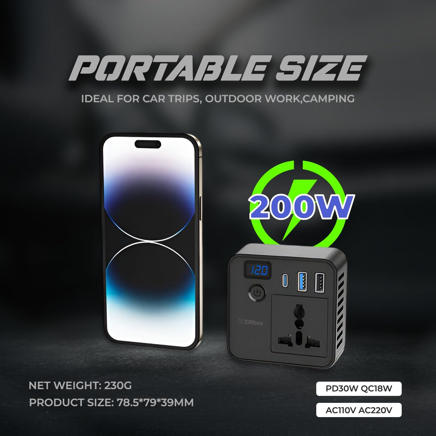 Embox 200W Car Power Inverter AC Universal Outlet Car Laptop Charger with 2 USB (6.2A) & 1 C Type(27W PD) Smart USB Ports 12V DC to 220V AC Mini Inverter with Digital Display Cooling Fan On/Off Button