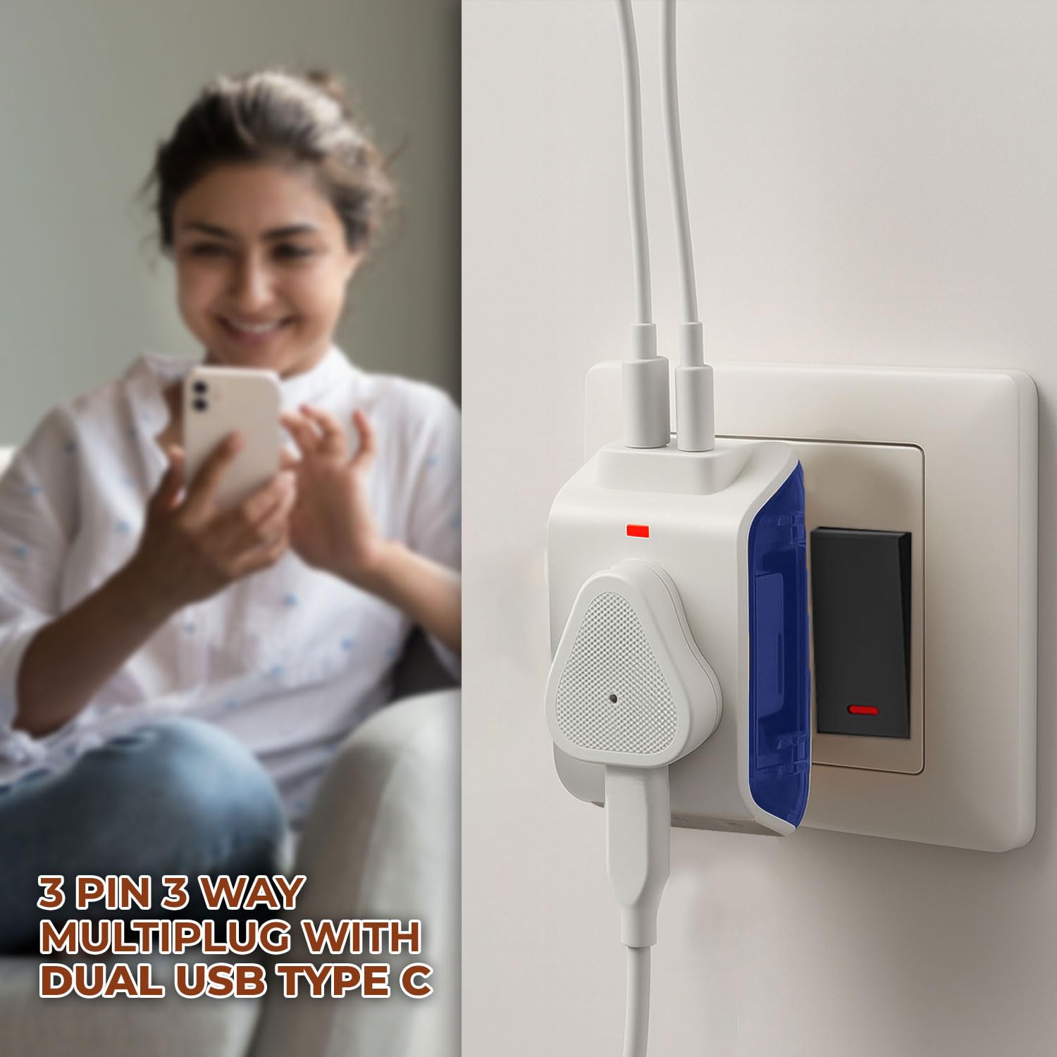 EMBOX 3 Pin Multi Plug Socket-Universal Travel Adapter with Individual Switch Safety Shutter LED Indicator-3 Way Plug Extension for Home Office Travel-5A-250V