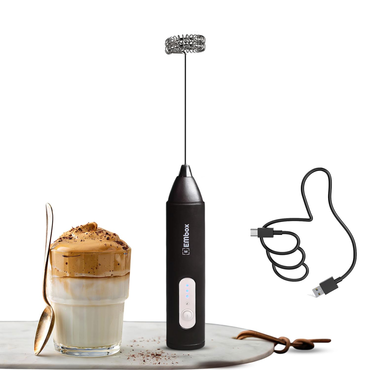 EMBOX Coffee Frother | Electric Coffee Maker | Double Spring Kit with Type-C Rechargeable Cord | Milk forther for Cappuccino Cream and Egg Whisker | Electric Blender Mixer (White 1 Whisk)