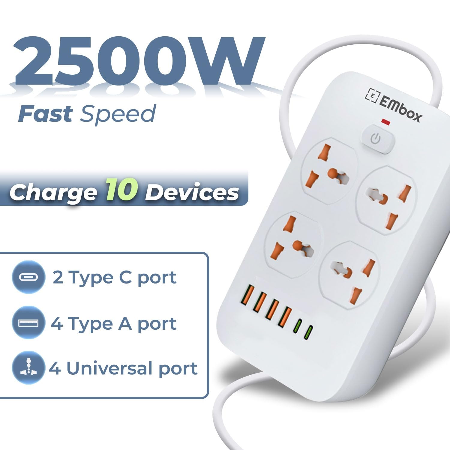 Extension Board with USB (2.4 A) 6 USB Ports 4 Type A and 2 Type C with Master Switch, Spike Guard, 6 amp Universal Sockets, LED Indicator and Safety Shutter, 2 Meter Extension Cord
