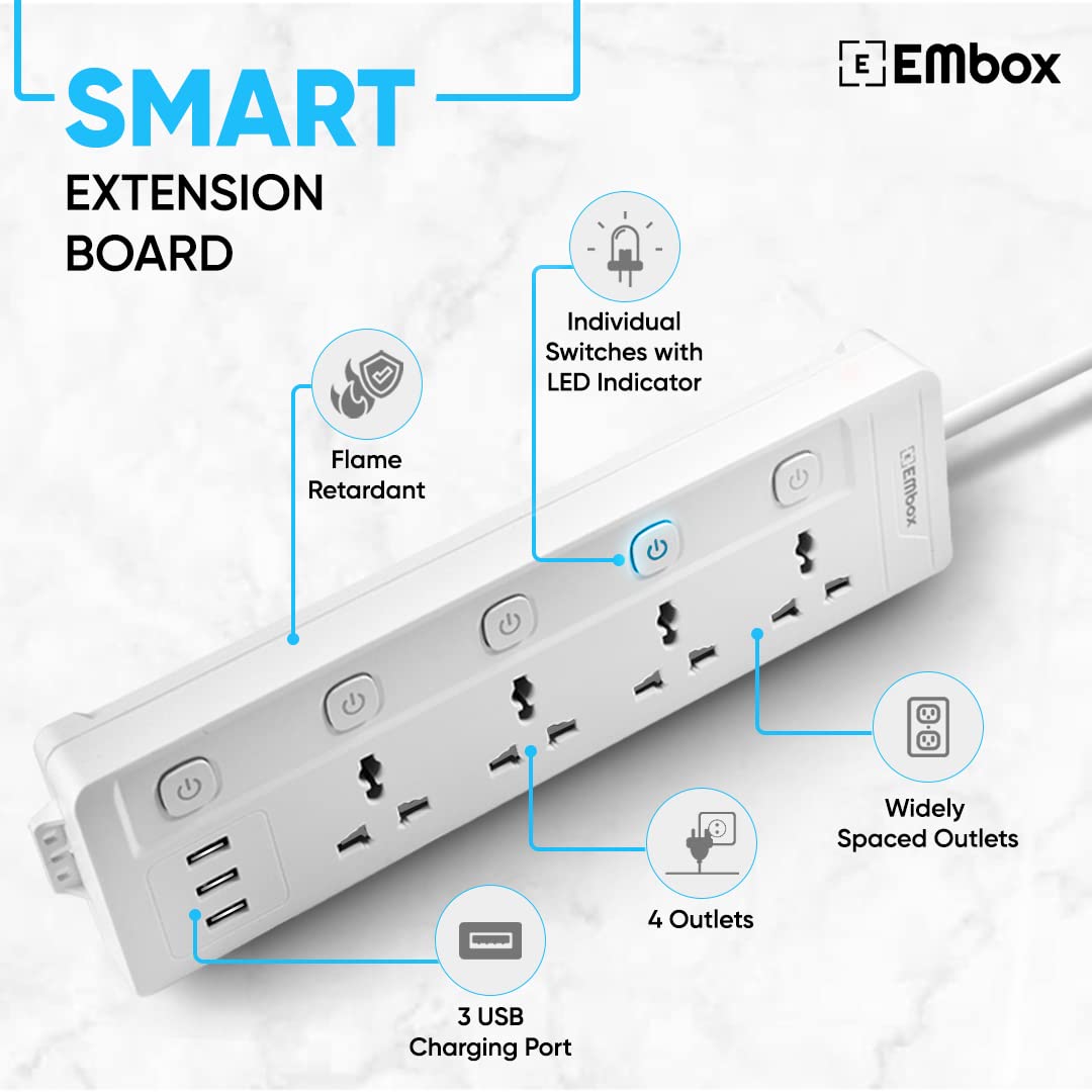 EMBOX 10A Extension Board with USB Port- 4 Universal Sockets and 3 USB (2.4 A) Charging Ports with Indicator, 2500W Heavy Duty Cable, 250 Volts (2 Meter Cable)