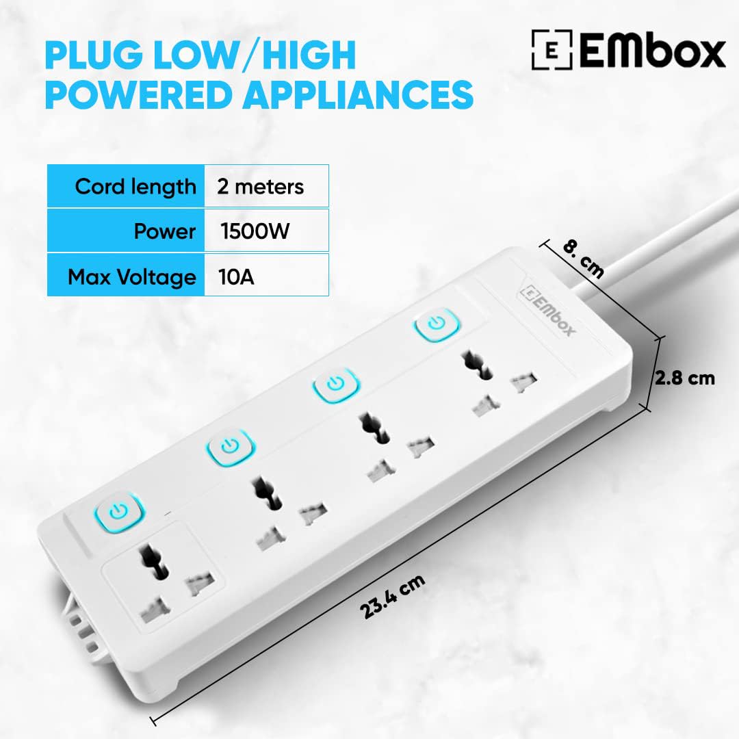 EMBOX Extension Board with Switches 1500 W, 4 Universal Sockets, Individual Switch, Safety Shutter, 6 amp Spike Guard, LED Indicator and Safety Shutter (4 Socket- 2 Meter)