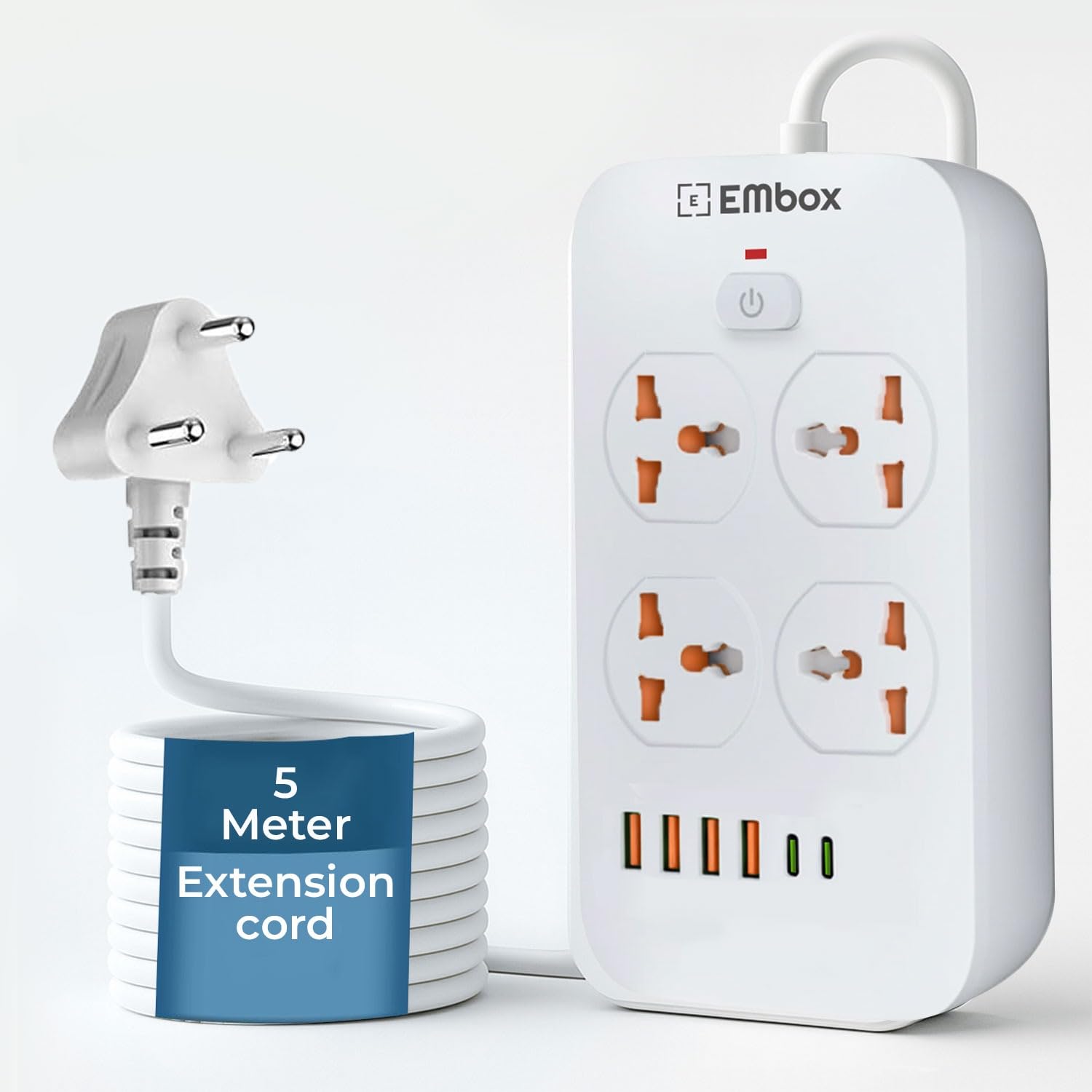 Extension Board with USB (2.4 A) 6 USB Ports 4 Type A and 2 Type C with Master Switch, Spike Guard, 6 amp Universal Sockets, LED Indicator and Safety Shutter, 2 Meter Extension Cord