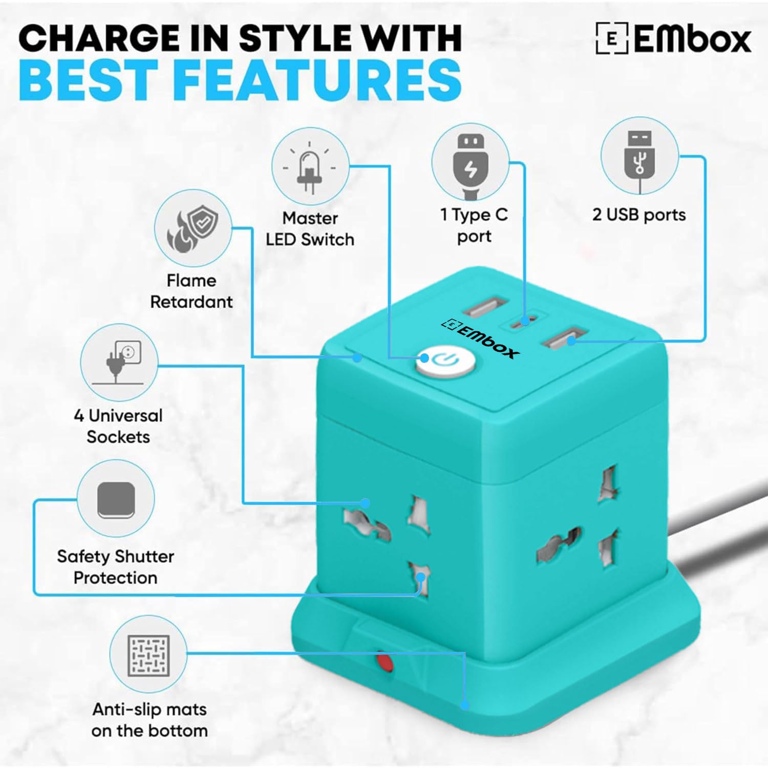 Cube Extension Board Type C USB | (2.4 A) (QC 3.0) Universal Sockets 2500W Extension Board with Switches Safety Shutter & Overload Protector