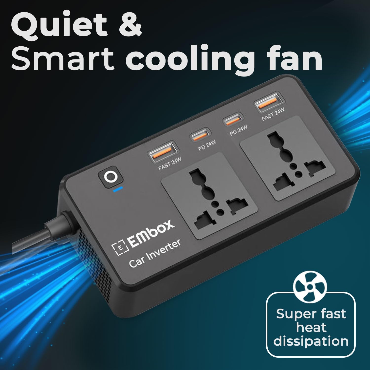 Embox 200W Car Power Inverter Laptop Charger with 2 USB (6.2A Max) & 2 C-Type (1 * 27WPD) Smart USB Ports, 2 AC Universal Outlets and 12V DC to 220V AC with QC3.0, Black