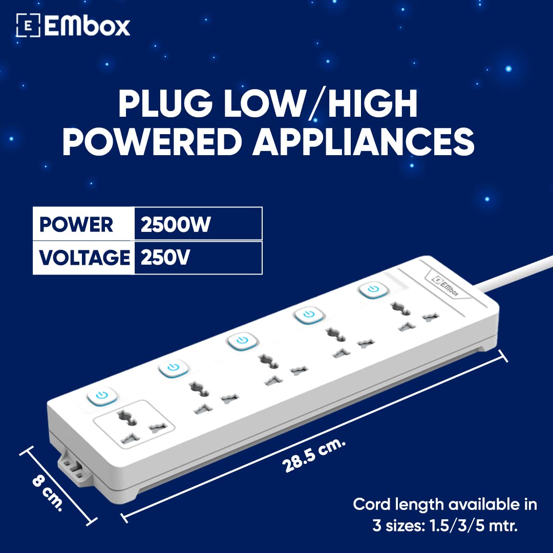 Embox 10A Extension Board 5 Socket 5 Switch 1500w, Extension Cord, Safety Shutter Protection (2 Meter Cable)