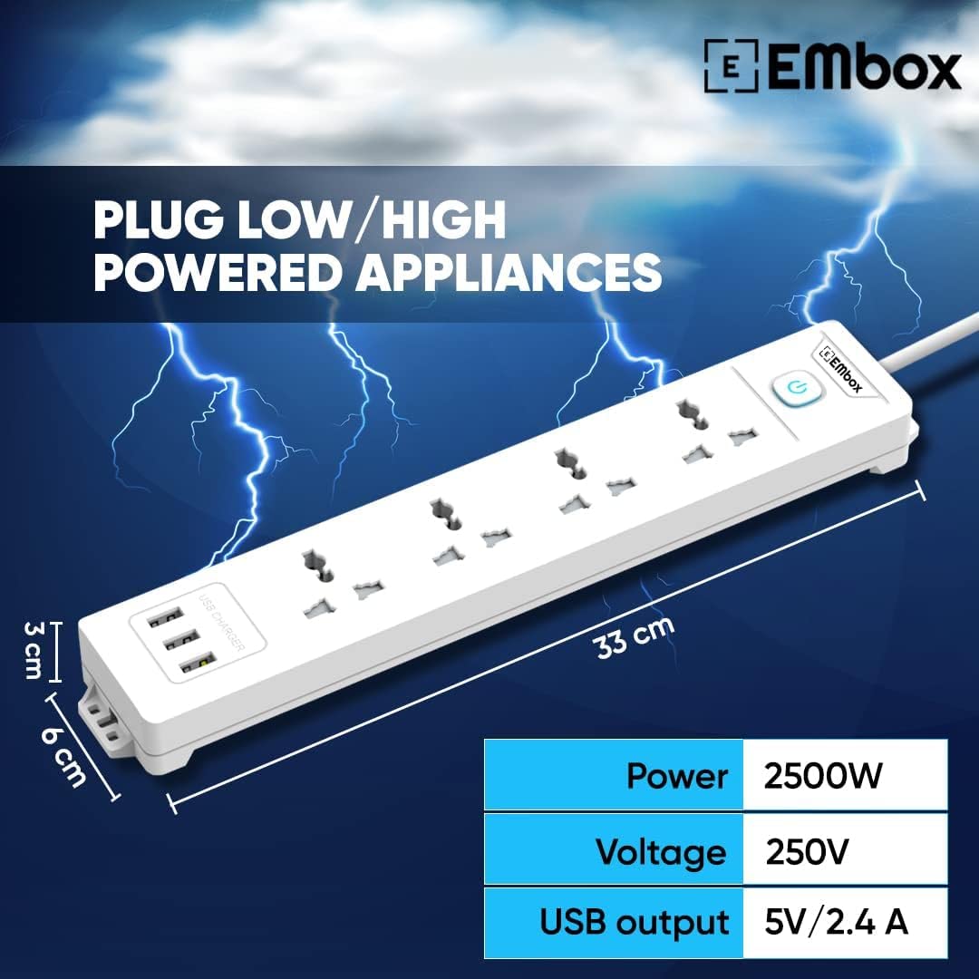 Embox 10A Extension Board with 5 Meter Cable with Master Switch with 4 Universal Sockets 3 USB Ports 2500W (4 Sockets + 3 USB, 5 Mtr Cord Length)