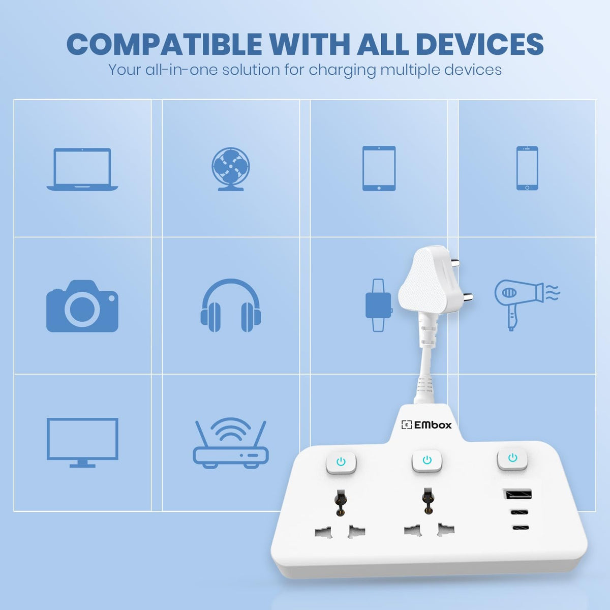 EMBOX Multi Plug Socket 2500W | Extension Board with Switches | QC 3.0