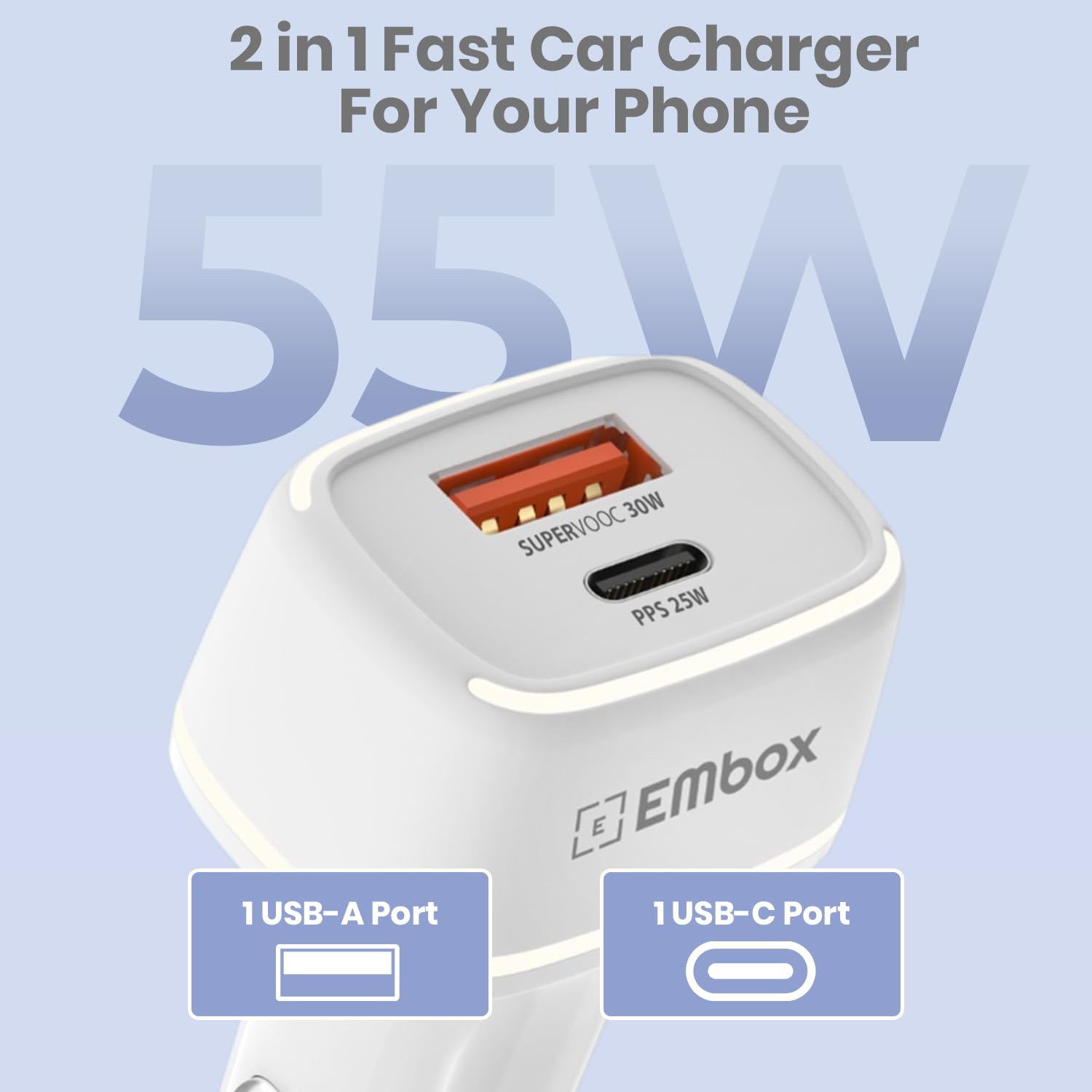 55W Dual Output Car Charger Type-C &A Fast Charging USB, LED Indicator, Charging Adapter Compatible with Cars for iPhone & Android Smartphone, Smartwatch, Earbud, Power Bank