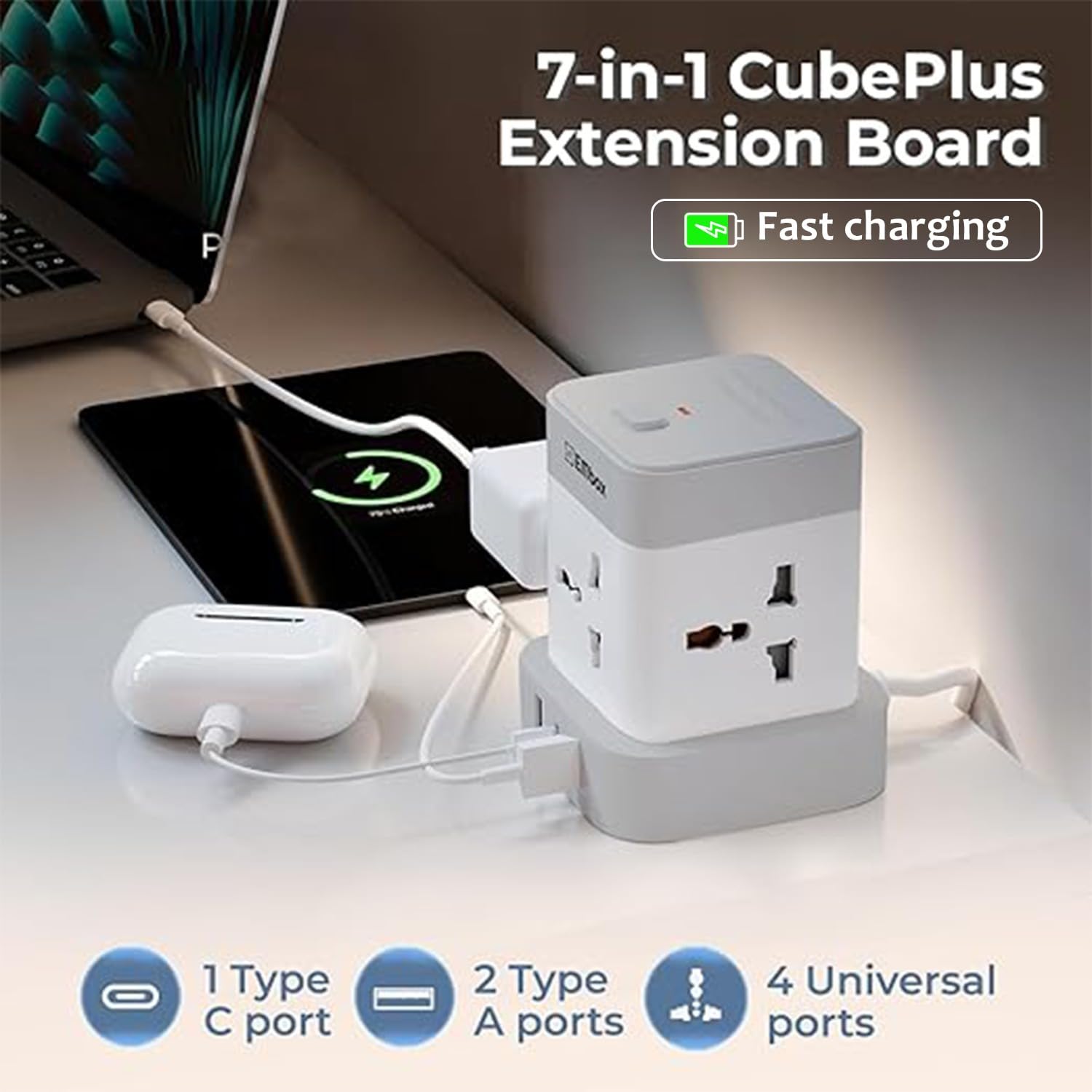 Cube Extension Board with USB Type C | 2500W Extension Board with Swit