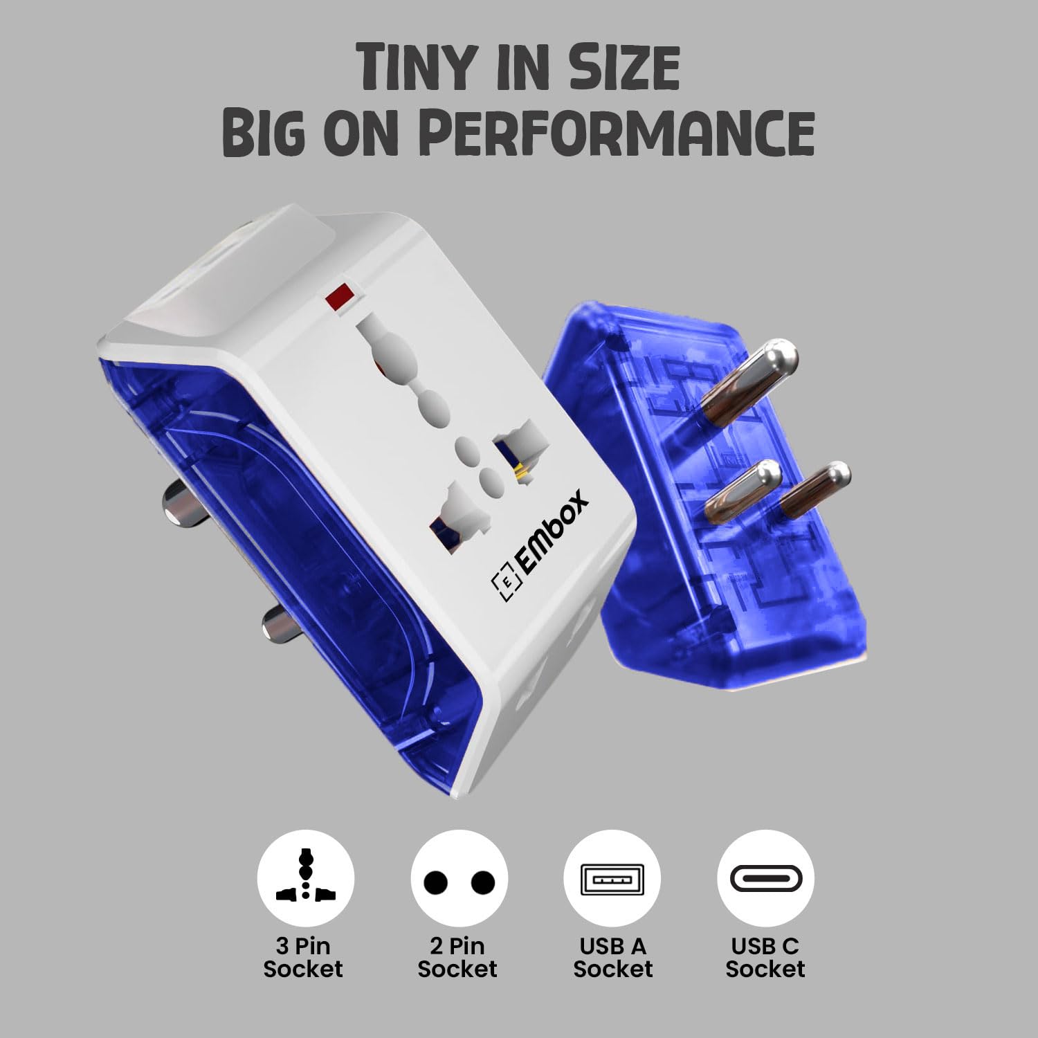 Embox Multi Plug Adapter with USB Ports | Universal 2-Pin Plug Socket | Multi USB Charger Adapter A & Type-C | Compact Fast Charging Power Adapter Plug (Blue)