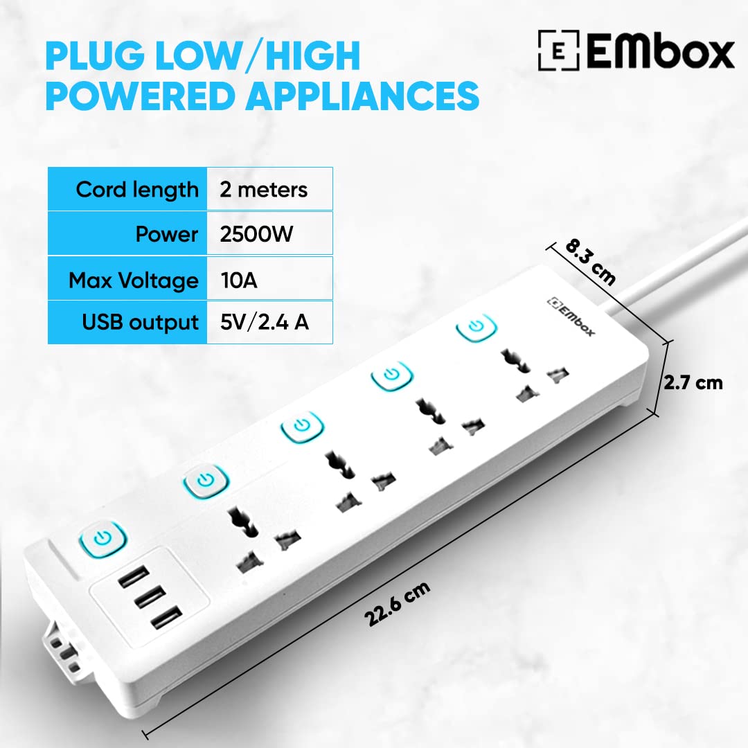 EMBOX 10A Extension Board with USB Port- 4 Universal Sockets and 3 USB (2.4 A) Charging Ports with Indicator, 2500W Heavy Duty Cable, 250 Volts (2 Meter Cable)