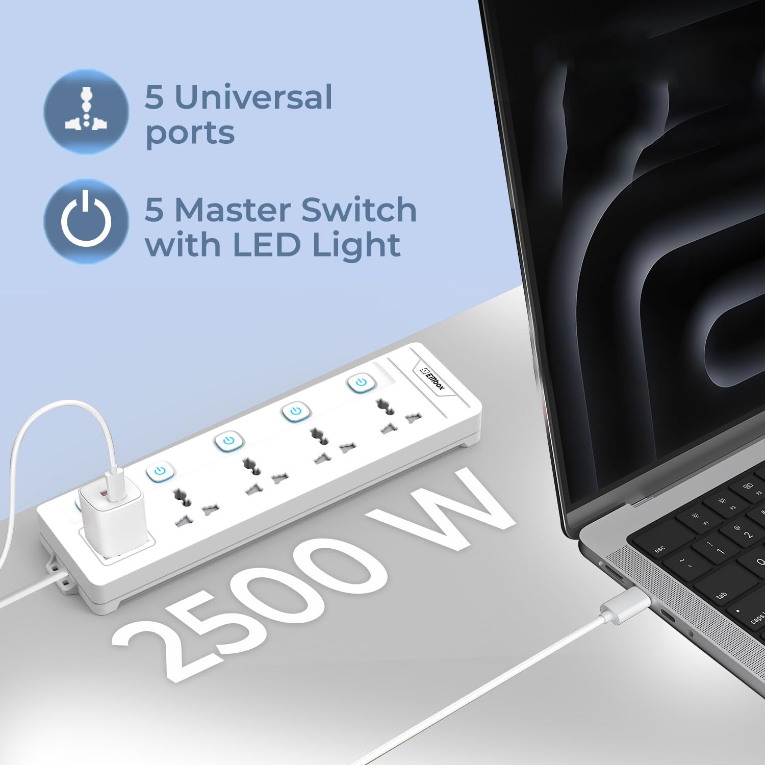 Extension Board with Switches 2500 W, 5 Universal Sockets, Individual Switch, Safety Shutter, 6 amp Spike Guard, LED Indicator and Safety Shutter