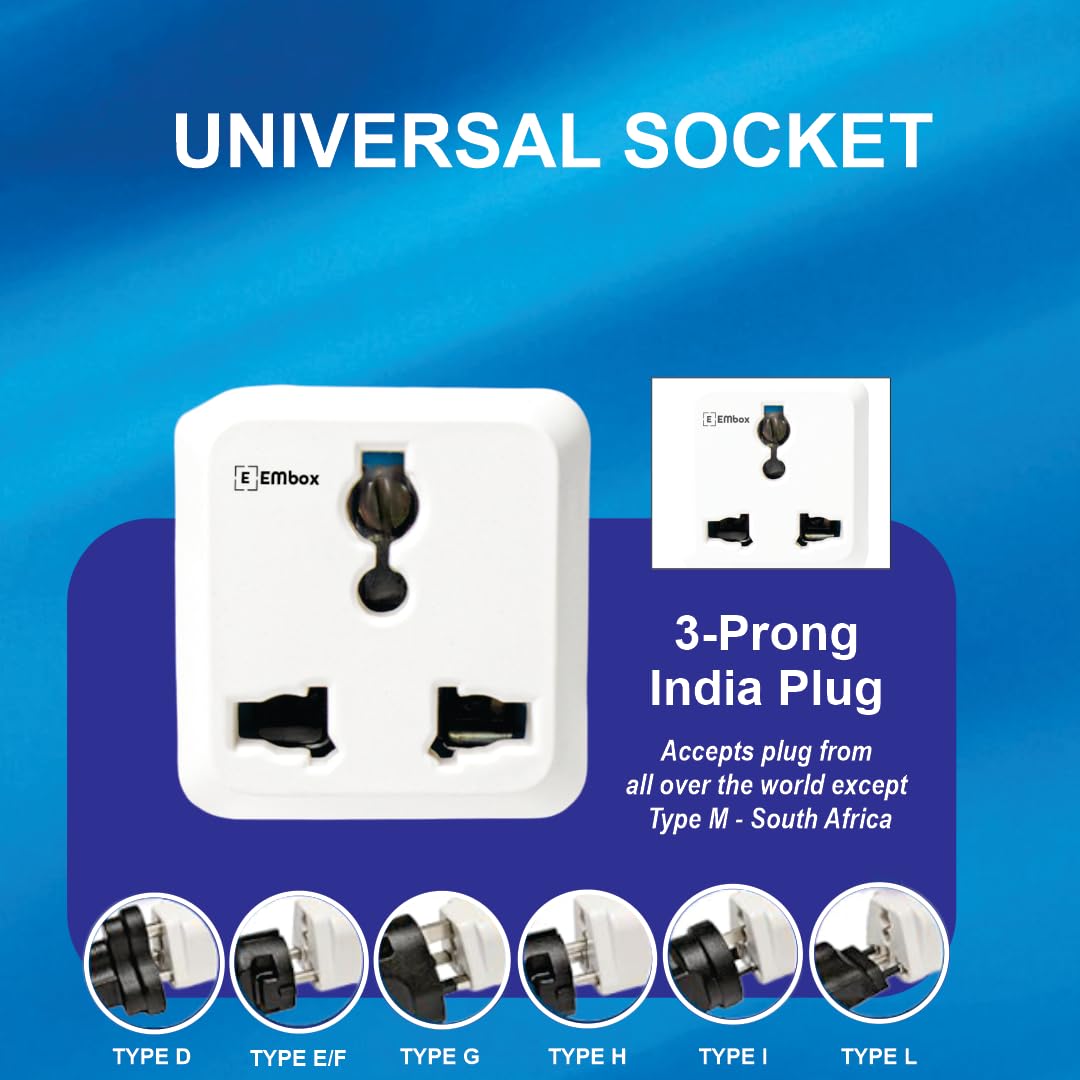 Embox 2 Pin Multi Plug Socket Type D Universal Adapter Compatible with US, UK, China Compact Plug Extension Socket and Converter for Computer Laptop Phone Camera, 6A Pack of 4