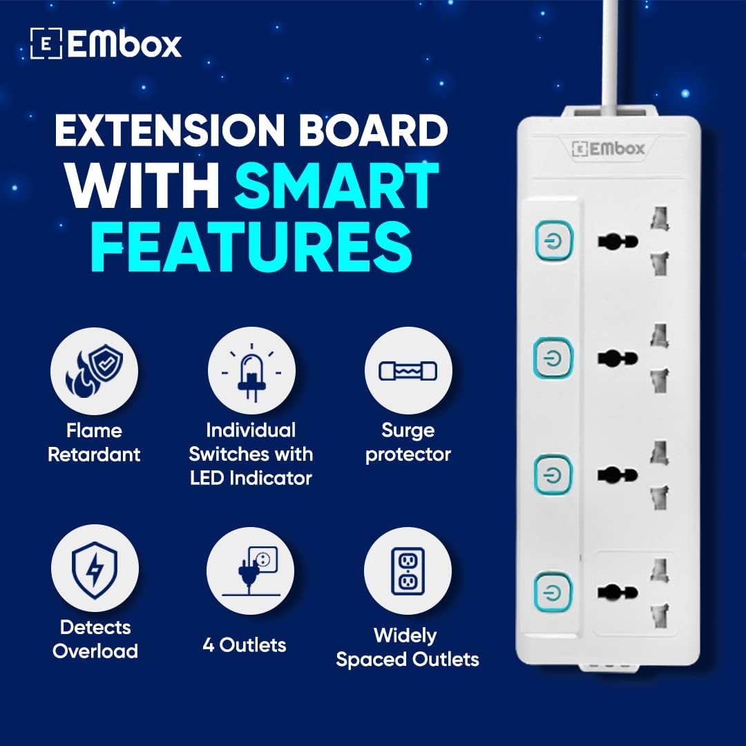EMBOX Extension Board with Switches 1500 W, 4 Universal Sockets, Individual Switch, Safety Shutter, 6 amp Spike Guard, LED Indicator and Safety Shutter (4 Socket- 2 Meter)