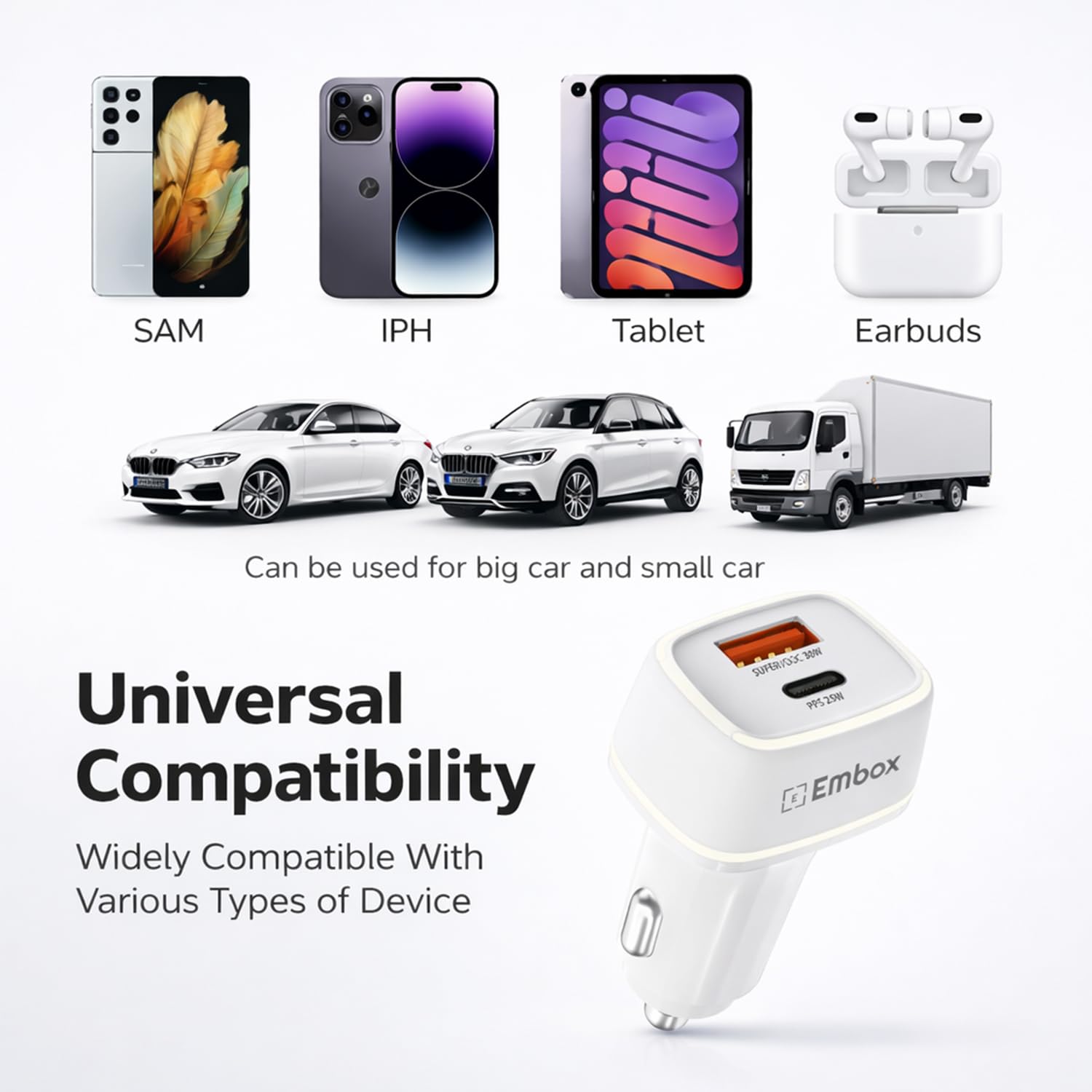55W Dual Output Car Charger Type-C &A Fast Charging USB, LED Indicator, Charging Adapter Compatible with Cars for iPhone & Android Smartphone, Smartwatch, Earbud, Power Bank