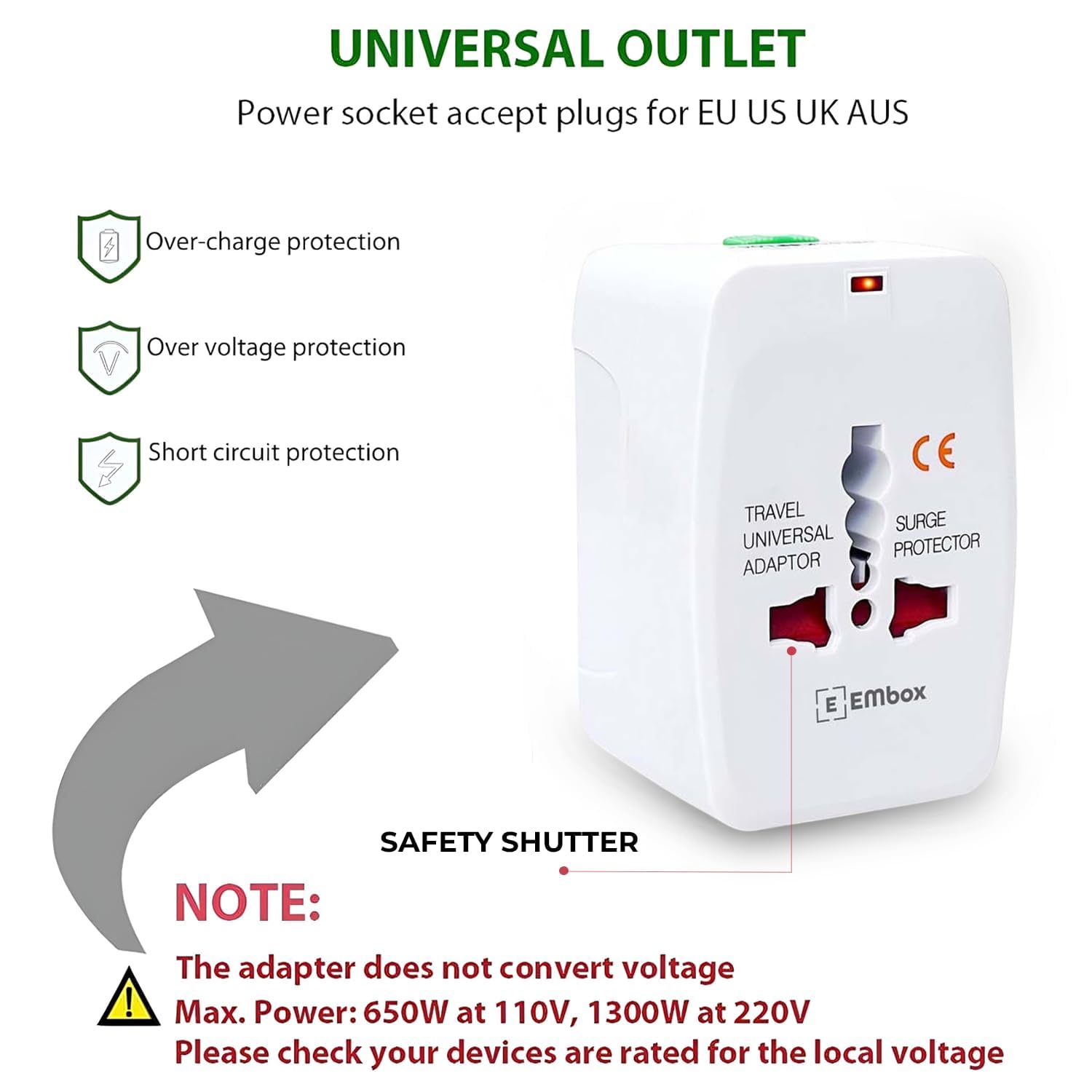 Embox Universal Charger Adapter 224+ Countries Support Travel Adapter International All in One Worldwide International Travel Adapter (White)
