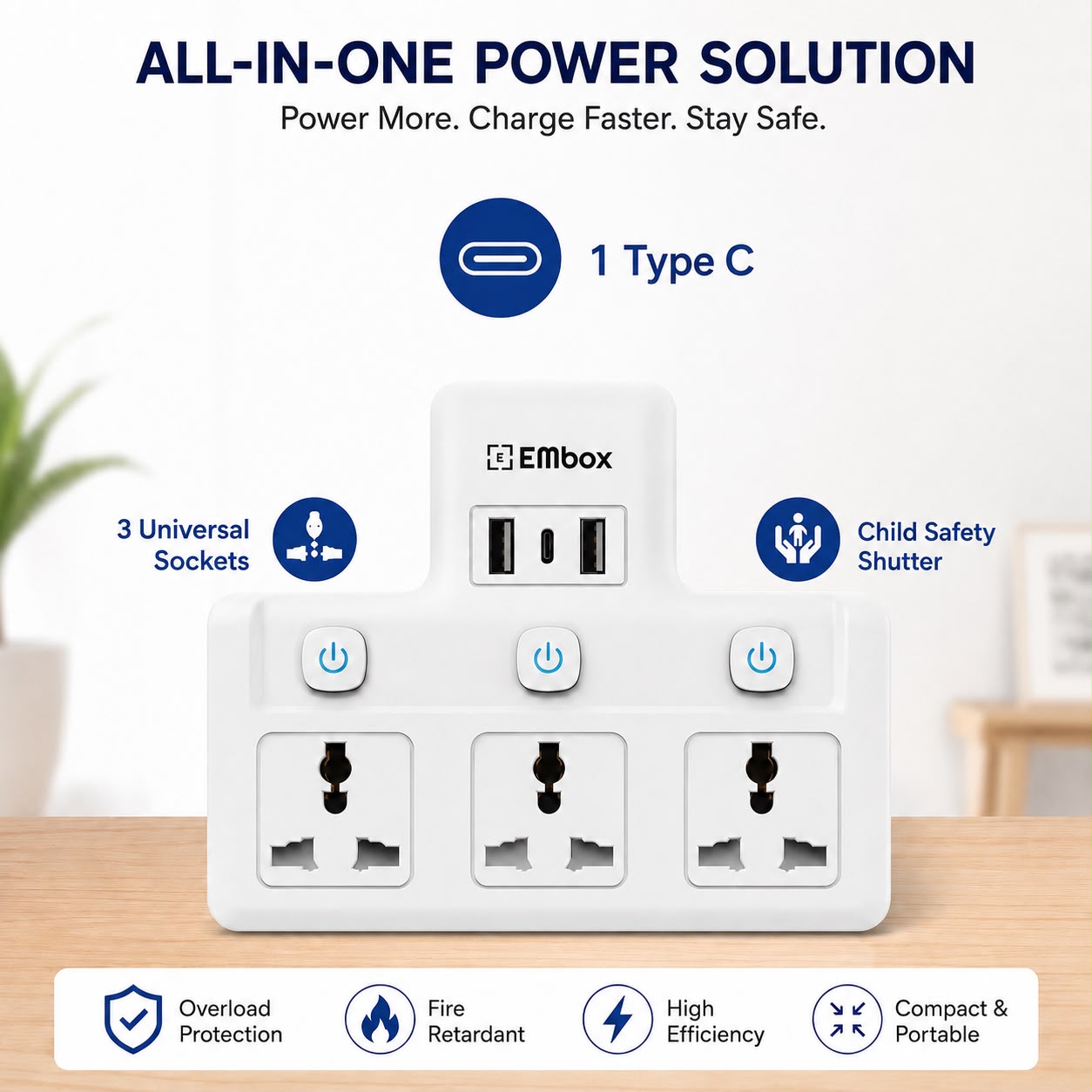 EMBOX 2500W 3-Socket Multi Plug Adapter with USB Type-C Charging and Individual Switches for Home, Office and Everyday Device Charging