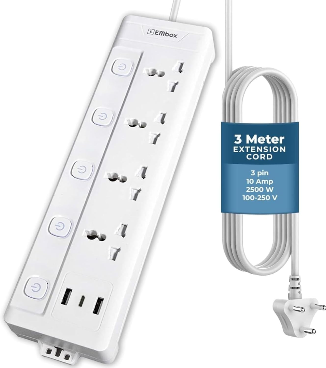 10A Extension Board with USB Port- 4 Universal Sockets and 3 USB (2.4 A) Charging Ports with Indicator, 2500W Heavy Duty Cable, 250 Volts (4S + 3 USB (1 Type C) + Overload Protector)