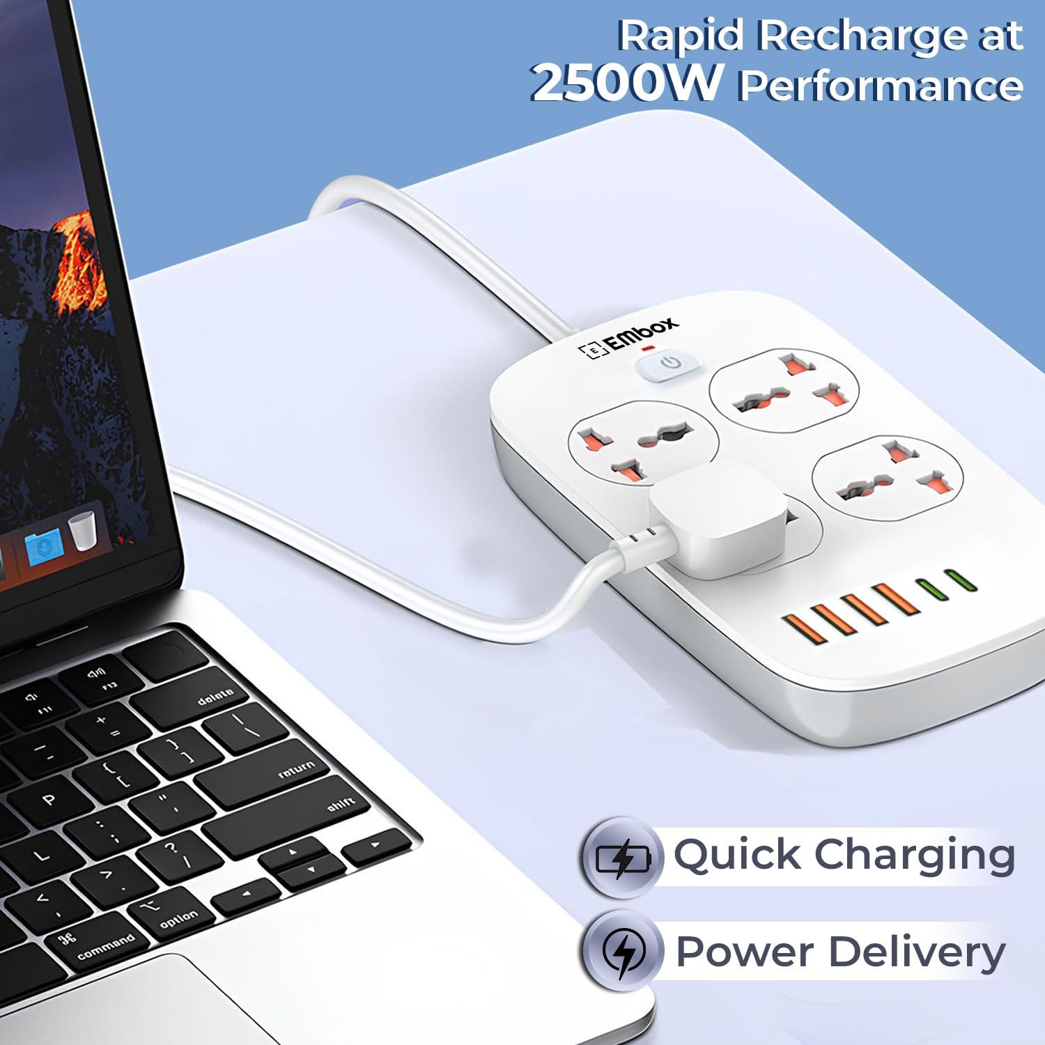 Extension Board with USB (2.4 A) 6 USB Ports 4 Type A and 2 Type C with Master Switch, Spike Guard, 6 amp Universal Sockets, LED Indicator and Safety Shutter, 2 Meter Extension Cord