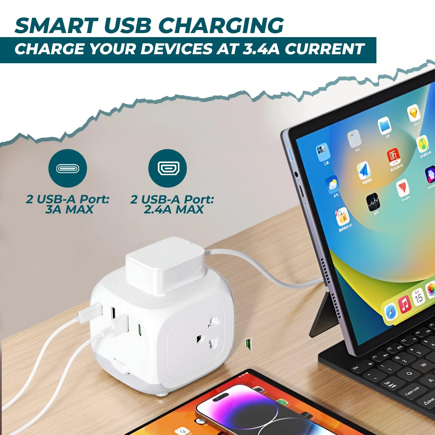 Electric Extension Board 7 Devices in 1 With USB (2.4 A) (QC 3.0)