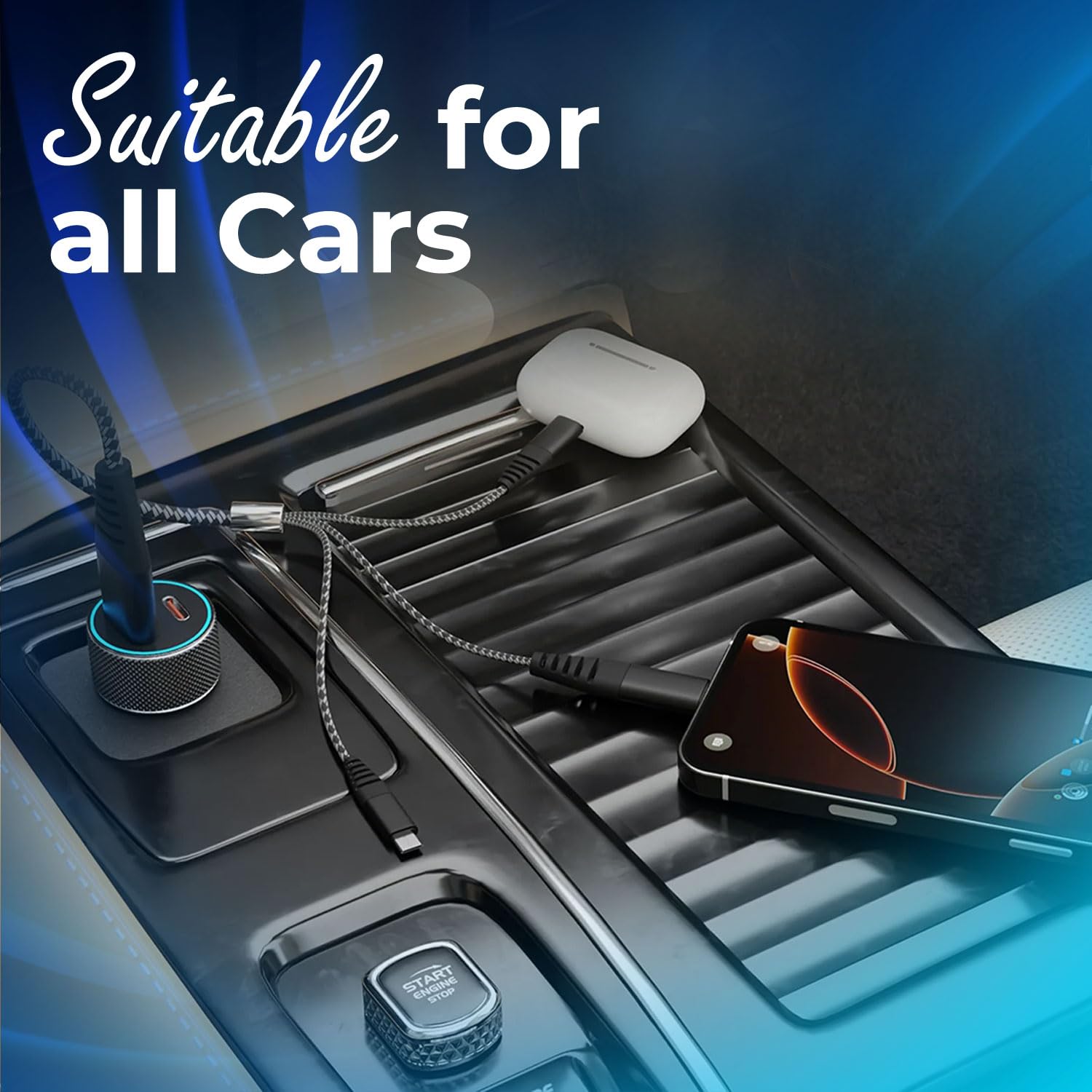 55W Dual Output Car Charger Type-C &A Fast Charging USB, LED Indicator, Charging Adapter Compatible with Cars for iPhone & Android Smartphone, Smartwatch, Earbud, Power Bank