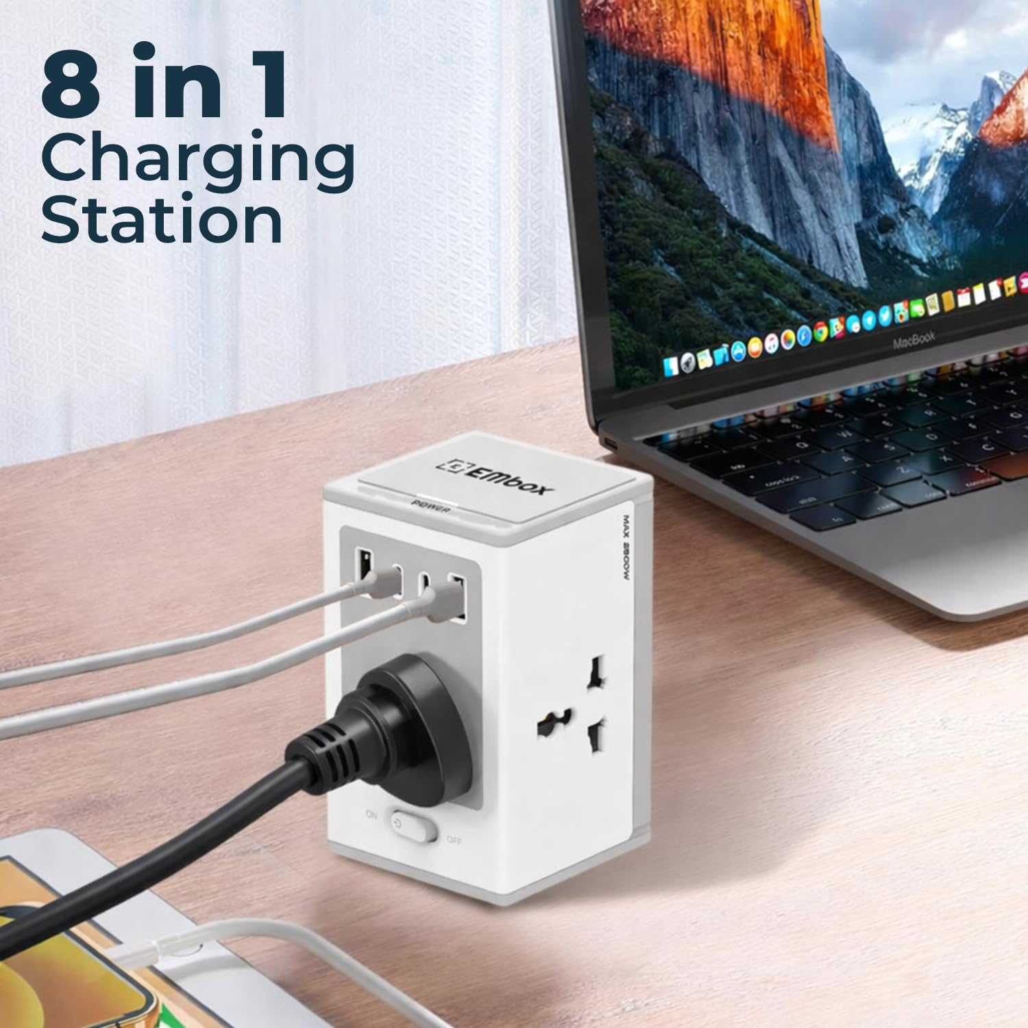 8-in-1 Gan Charger 30W Fast Charger | Type C USB 4 AC Sockets (2500W) Wireless Fast Charging | Multi-Port Desktop Charger for Laptop, iPhone, Android, Portable Charging Station