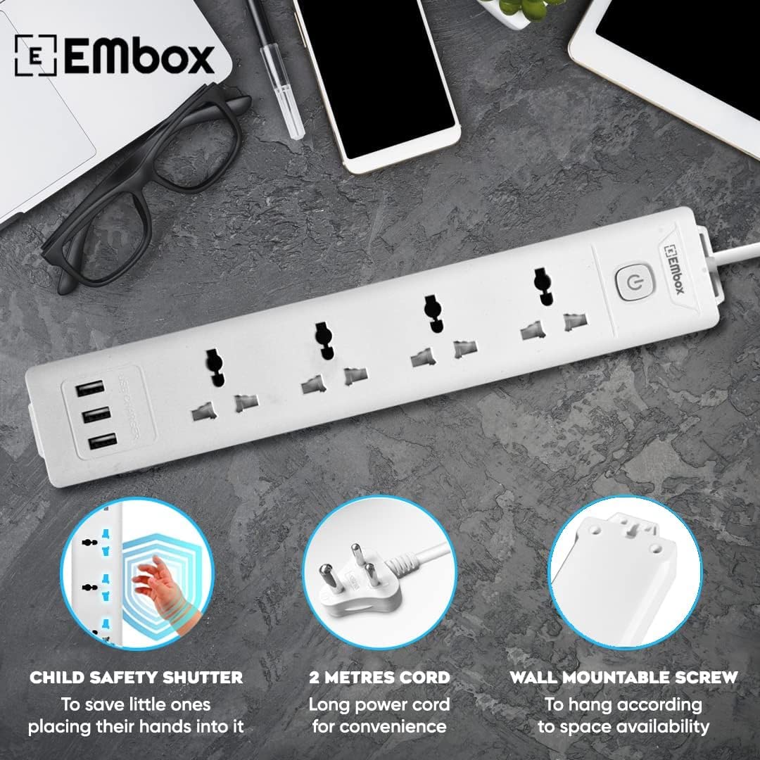 Embox 10A Extension Board with 5 Meter Cable with Master Switch with 4 Universal Sockets 3 USB Ports 2500W (4 Sockets + 3 USB, 5 Mtr Cord Length)