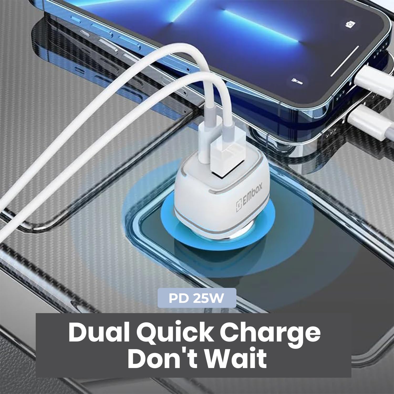 55W Dual Output Car Charger Type-C &A Fast Charging USB, LED Indicator, Charging Adapter Compatible with Cars for iPhone & Android Smartphone, Smartwatch, Earbud, Power Bank